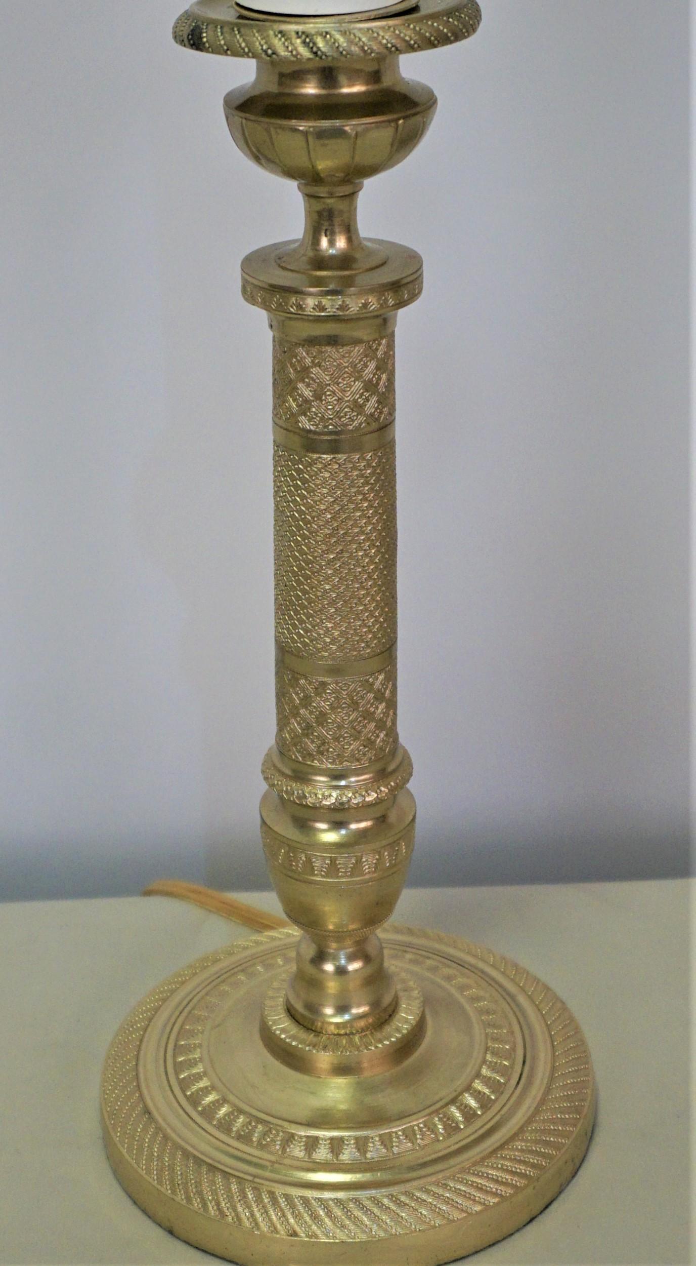 Pair of 19th Century Empire Bronze Candlestick Lamps In Good Condition In Fairfax, VA