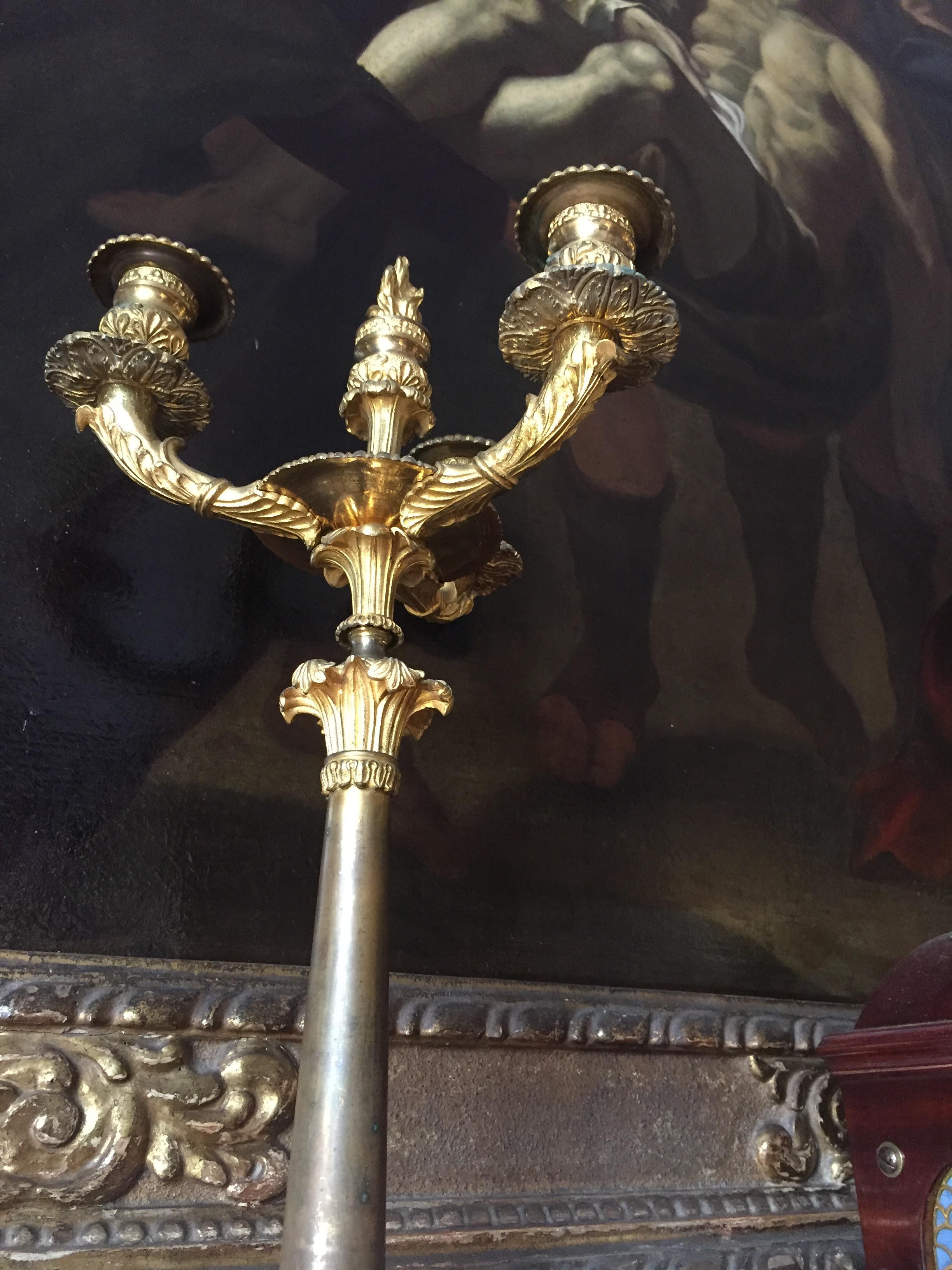Pair of 19th Century Empire Candelabra Italian Gilt Bronze Three-Arm Flambeaux For Sale 5