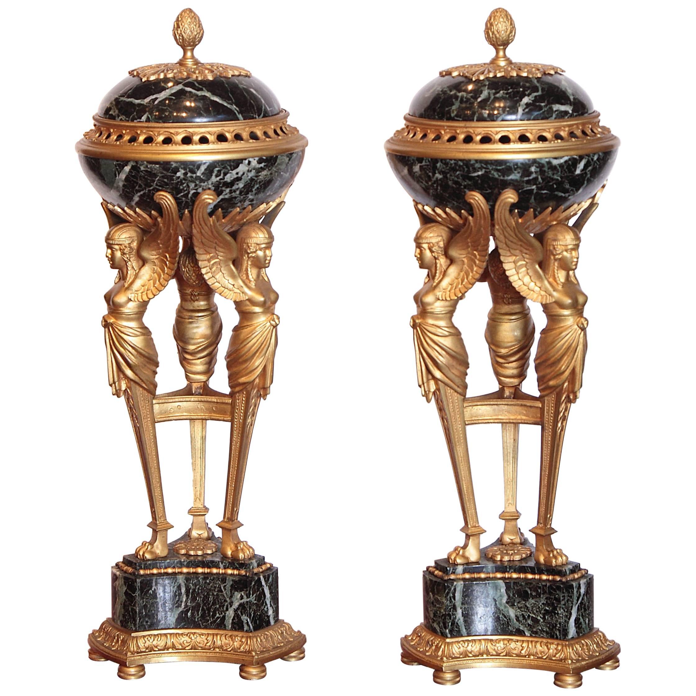 Pair of 19th Century Empire Gilt Bronze and Marble Tripod Lidded Urns