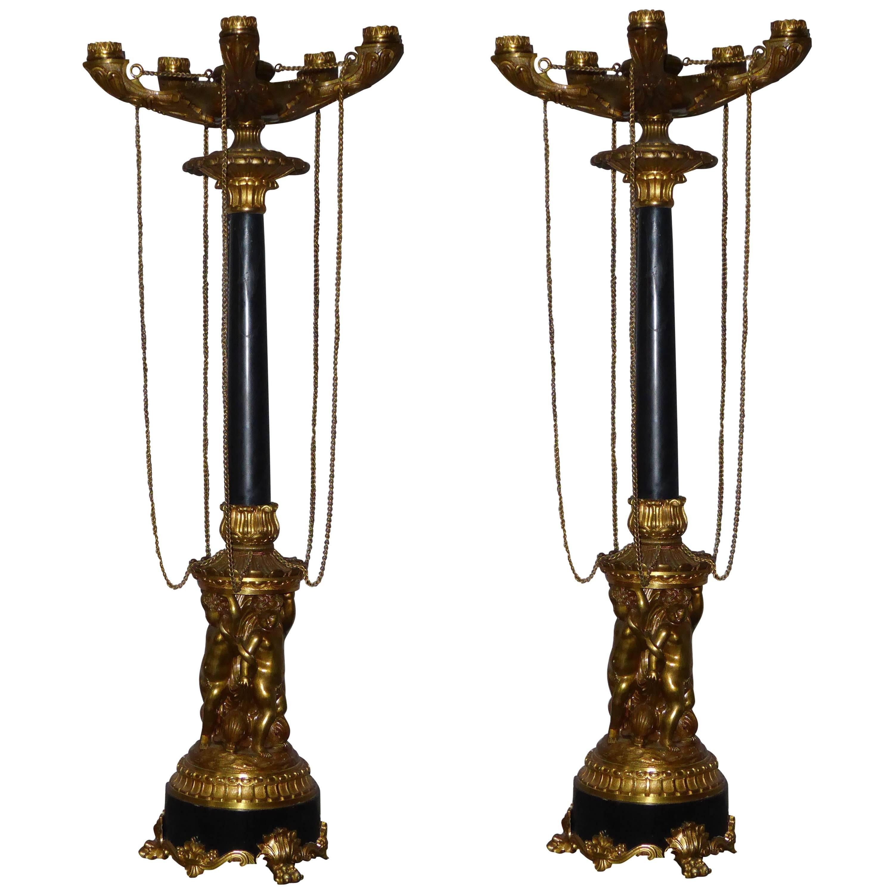 Pair of 19th Century Empire Gilt Bronze Five Branch Candelabra For Sale