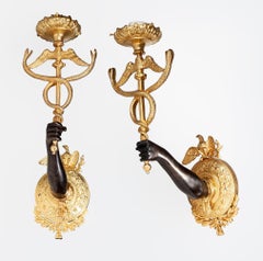 Pair of 19th Century Empire Gilt Bronze Ormolu Caduceus Wall Appliques, France