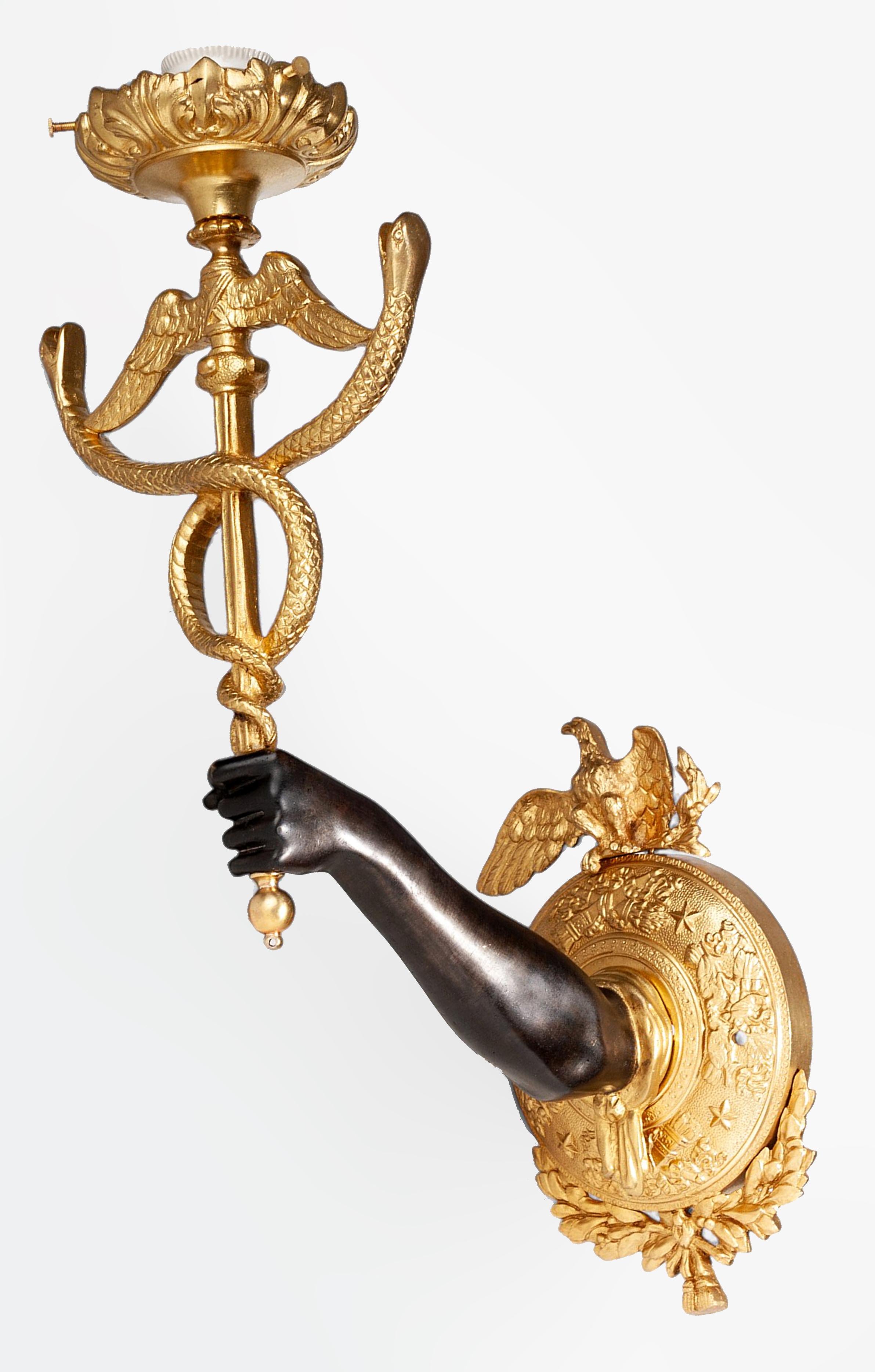 French Pair of 19th Century Empire Gilt Bronze Ormolu Caduceus Wall Appliques, France For Sale