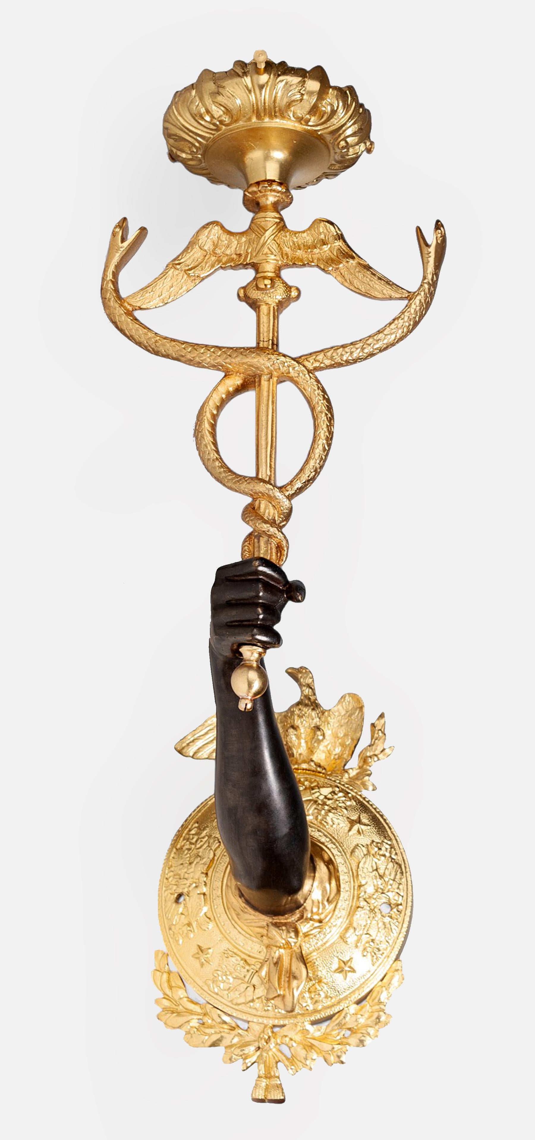 Cast Pair of 19th Century Empire Gilt Bronze Ormolu Caduceus Wall Appliques, France For Sale