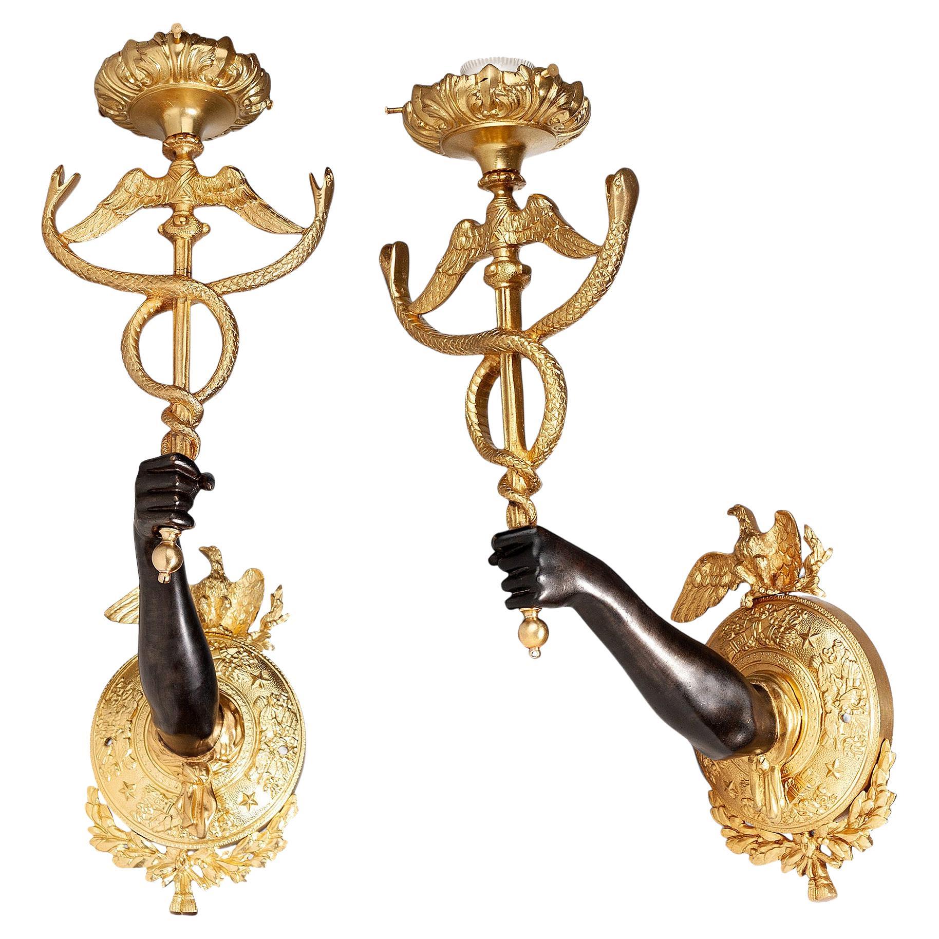 Pair of 19th Century Empire Gilt Bronze Ormolu Caduceus Wall Appliques, France