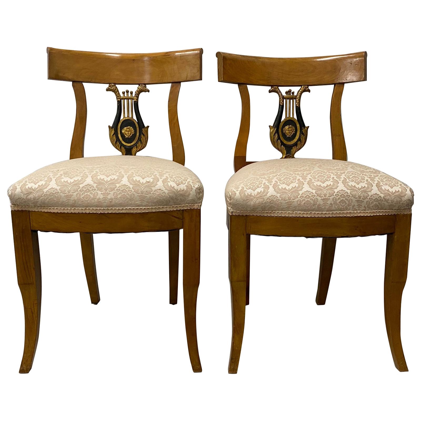 Pair of 19th Century Empire Lyre Back Dining Chairs