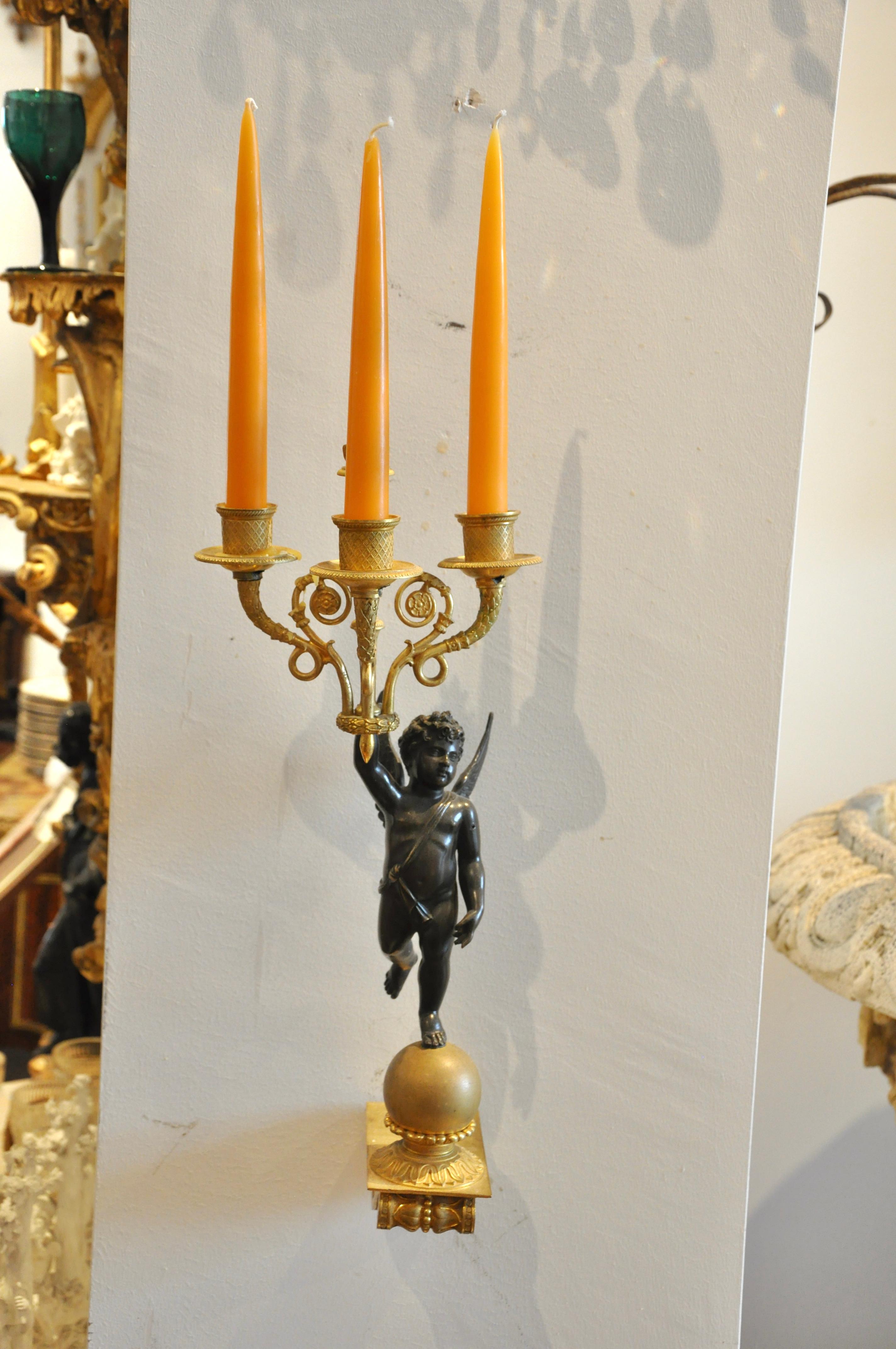 French Pair of 19th Century Empire Ormolu and Bronze Cupid Sconces