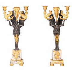Paire de candélabres Empire du 19ème siècle en bronze doré et Sienne de style néoclassique
