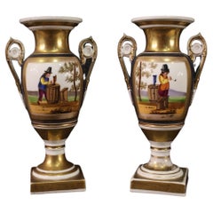 Pair of 19th Century Empire Style Hand Painted Ceramic French Vases, 1880