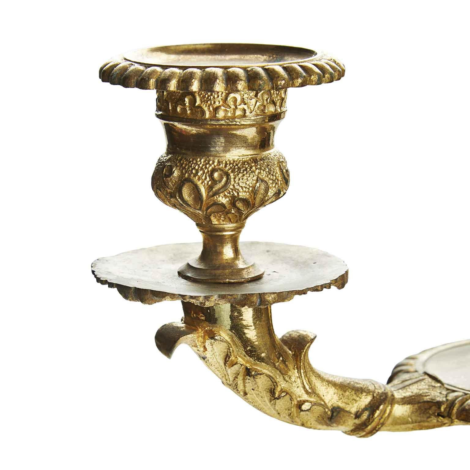 Pair of 19th Century Empire Candelabra Italian Gilt Bronze Three-Arm Flambeaux In Good Condition For Sale In Milan, IT