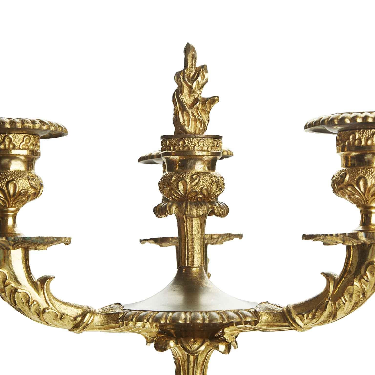 Pair of 19th Century Empire Candelabra Italian Gilt Bronze Three-Arm Flambeaux For Sale 1