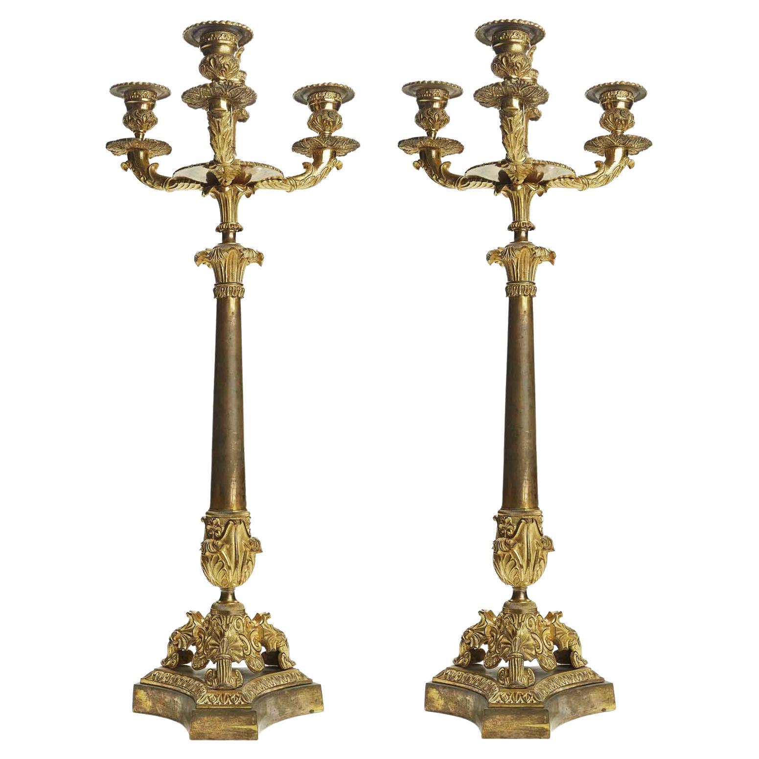 Pair of 19th Century Empire Candelabra Italian Gilt Bronze Three-Arm Flambeaux For Sale