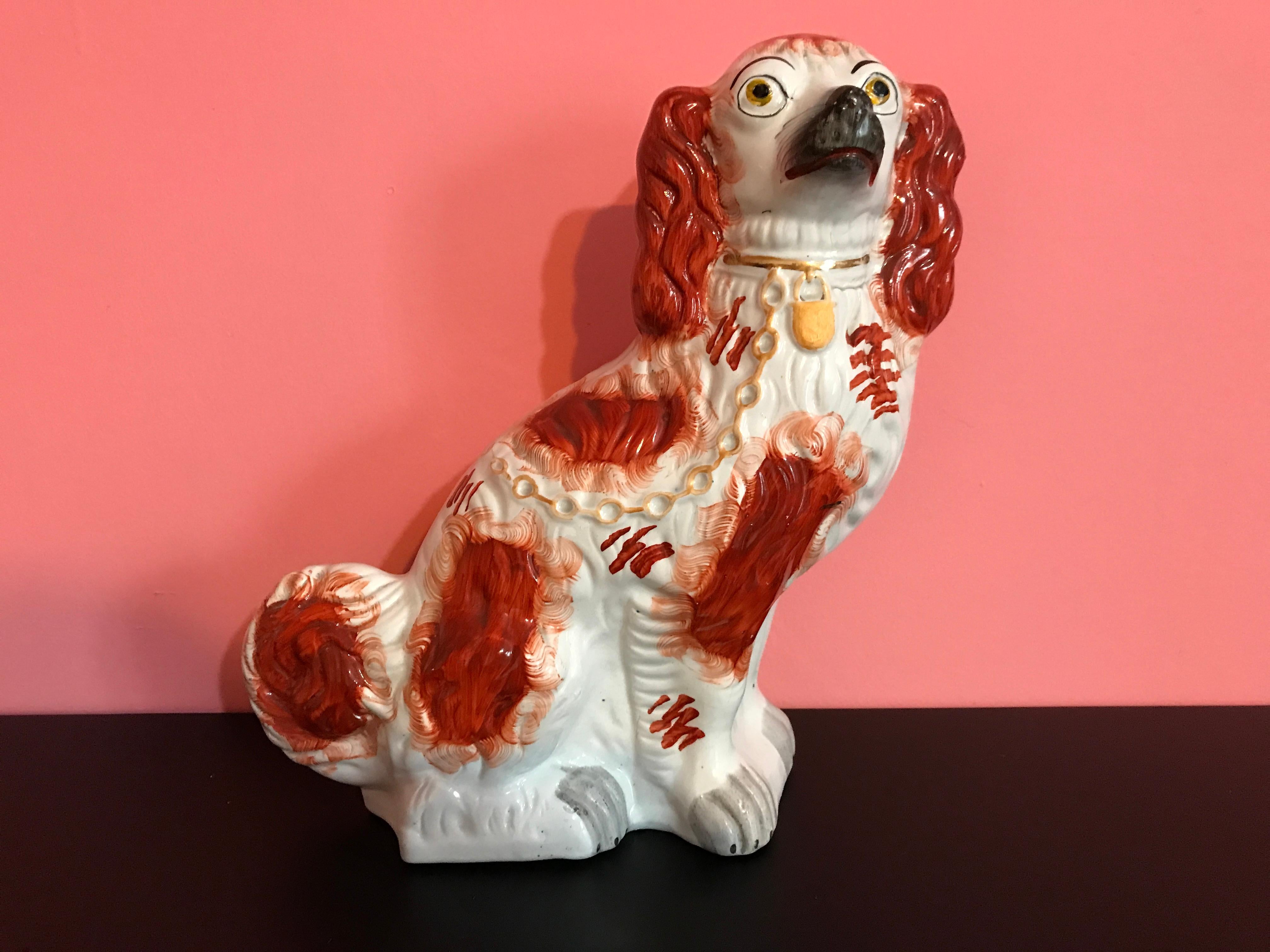 Pair of 19th Century English #1 Staffordshire Red Seated Spaniel Dogs 4