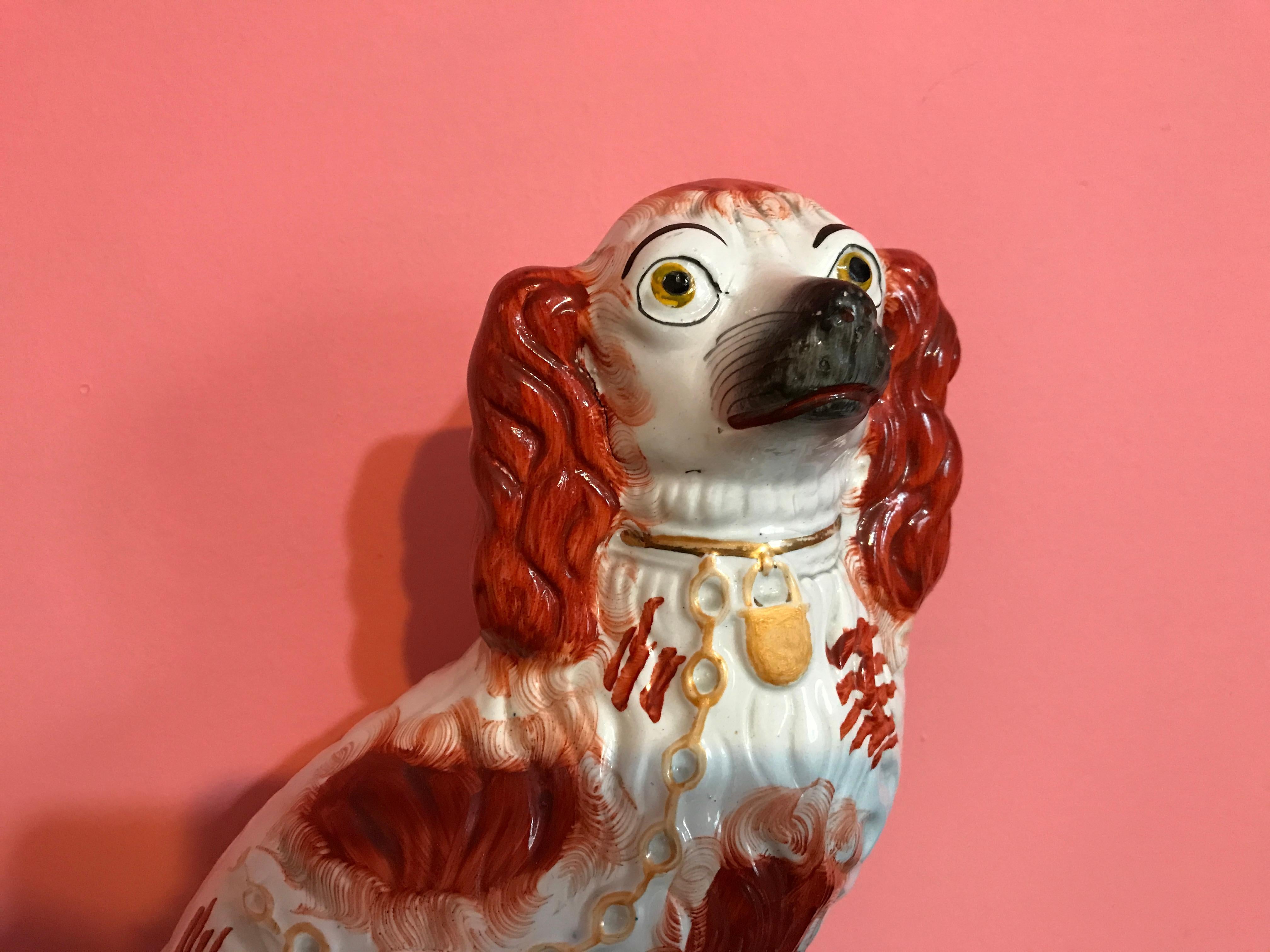 Pair of 19th Century English #1 Staffordshire Red Seated Spaniel Dogs 9