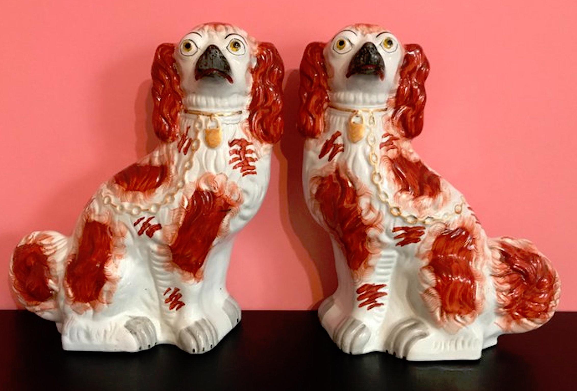 Pair of 19th Century English #1 Staffordshire Red Seated Spaniel Dogs 12