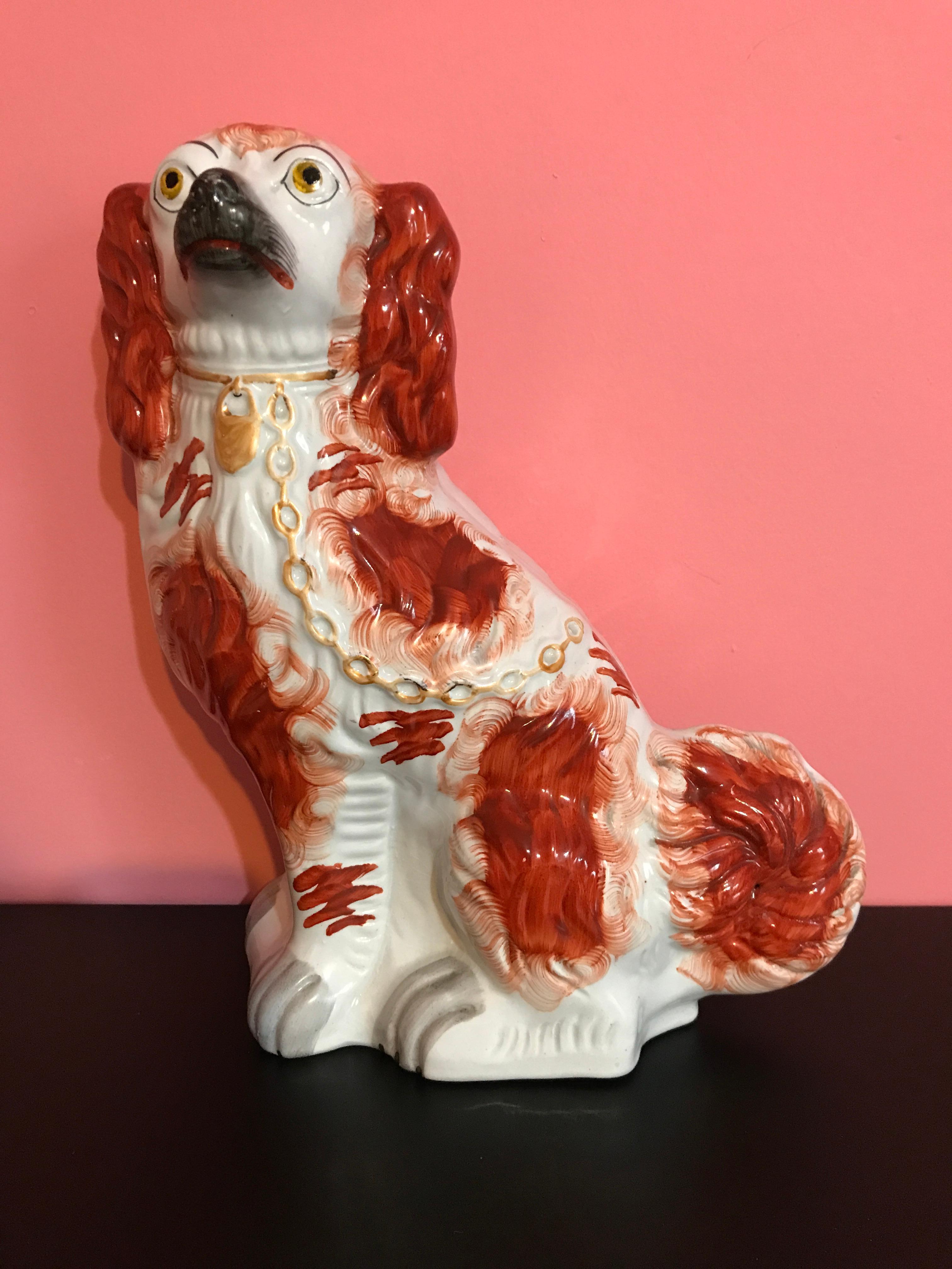 High Victorian Pair of 19th Century English #1 Staffordshire Red Seated Spaniel Dogs