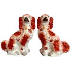 Antique Pair of 19th Century English #1 Staffordshire Red Seated Spaniel Dogs