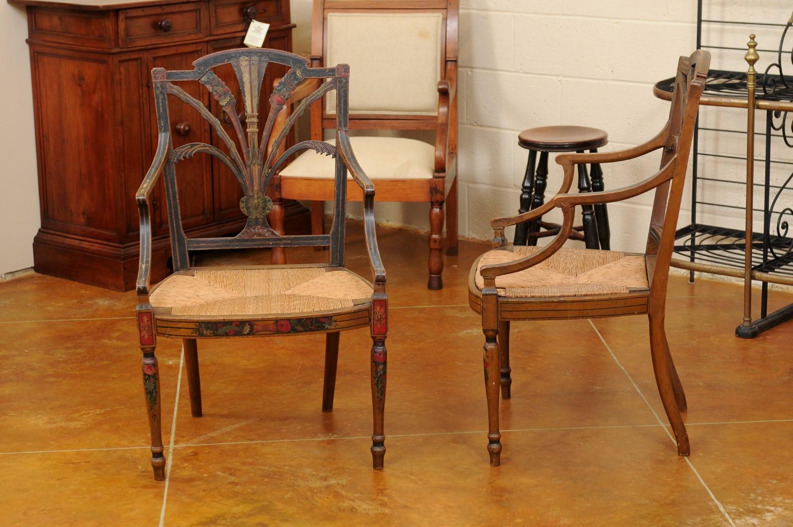 Paar englische bemalte Sessel im Adam-Stil des 19. Jahrhunderts mit Binsen-Sitzen im Angebot 5