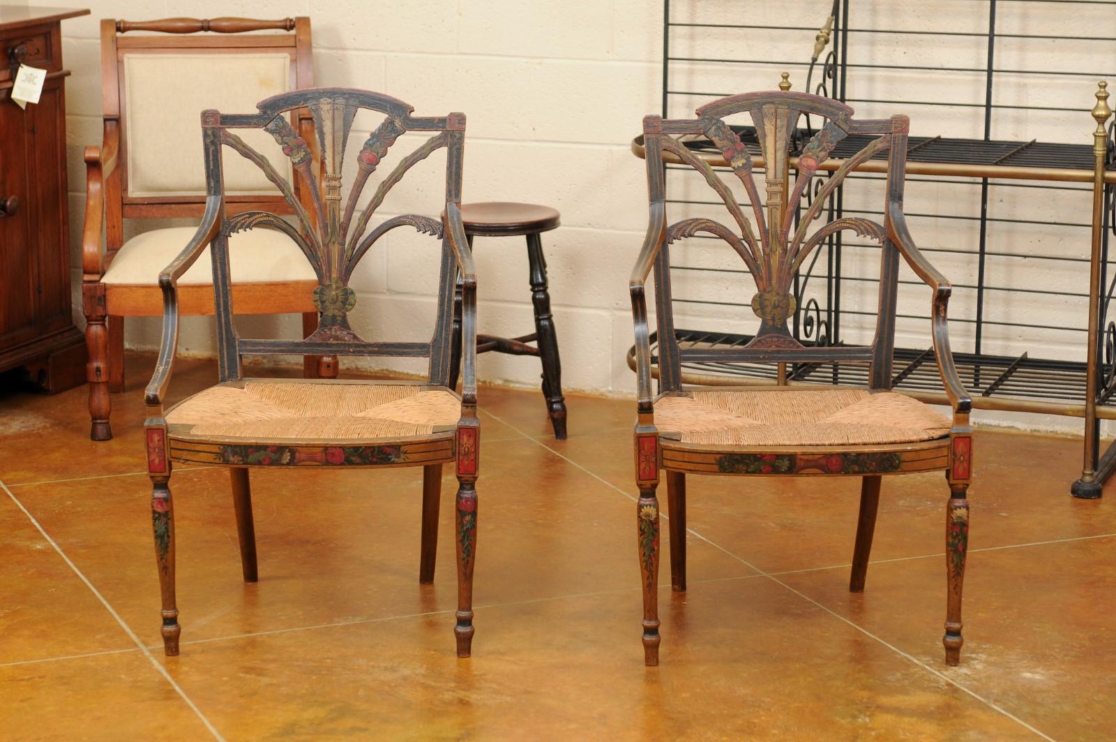 Pair of 19th Century English Adam Style Painted Armchairs with Rush Seats For Sale 1