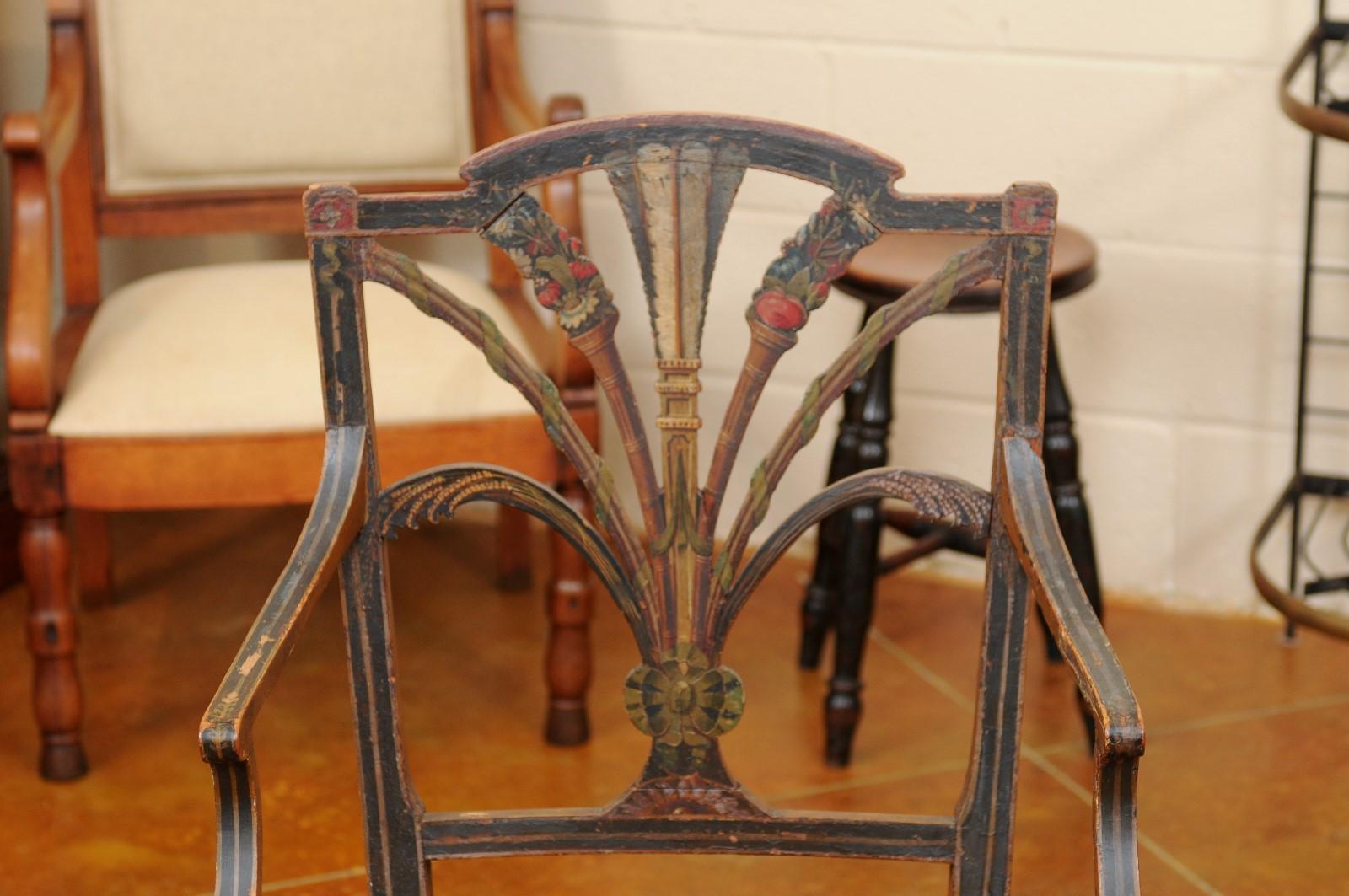 Pair of 19th Century English Adam Style Painted Armchairs with Rush Seats For Sale 2