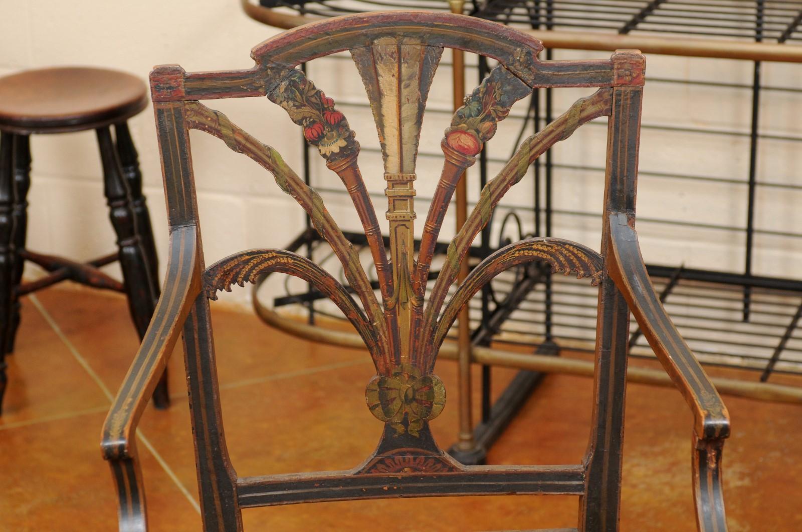 Paar englische bemalte Sessel im Adam-Stil des 19. Jahrhunderts mit Binsen-Sitzen im Angebot 1