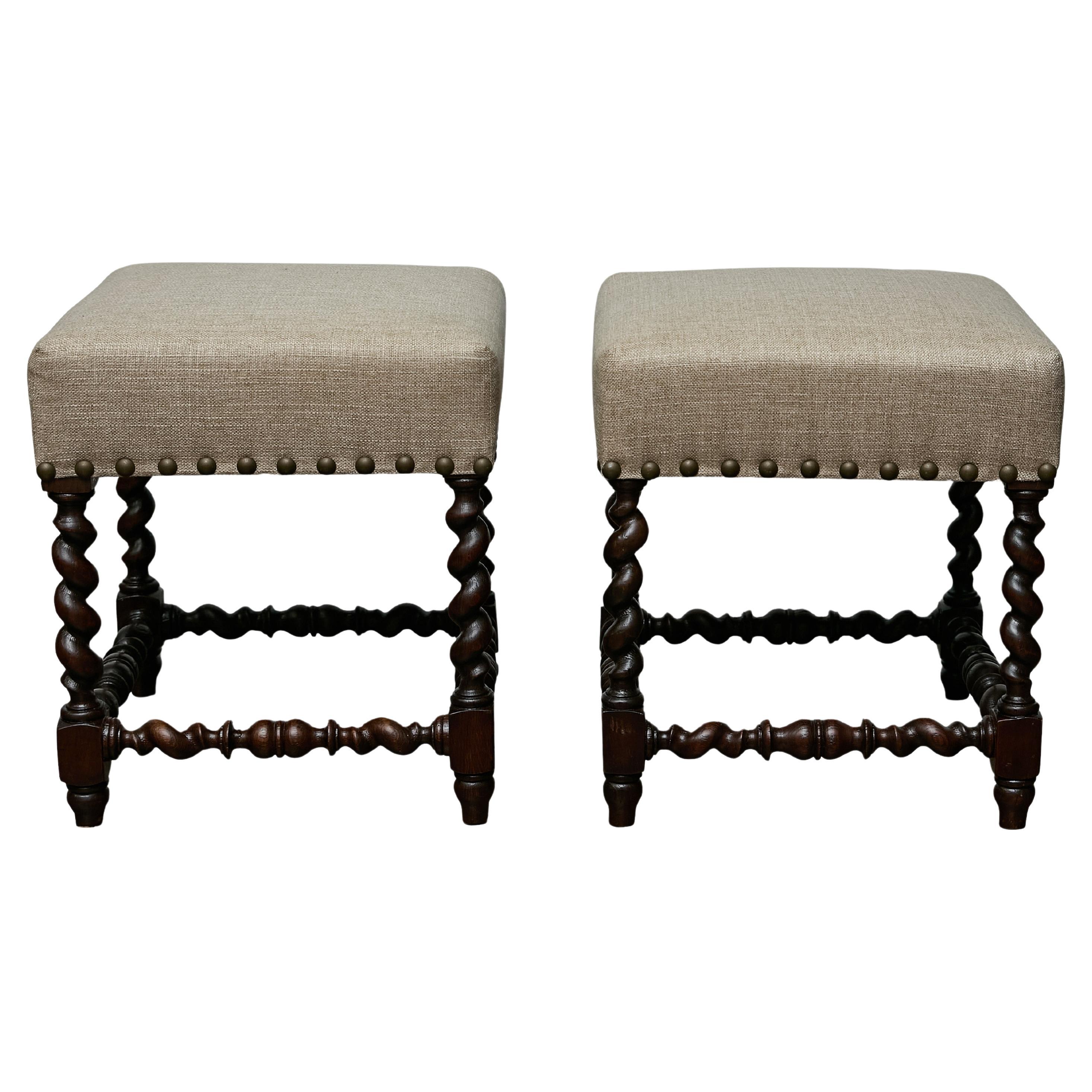 Pair of 19th-Century English Barley Twist Hardwood Stools with Linen Upholstery