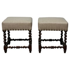 Pair of 19th-Century English Barley Twist Hardwood Stools with Linen Upholstery
