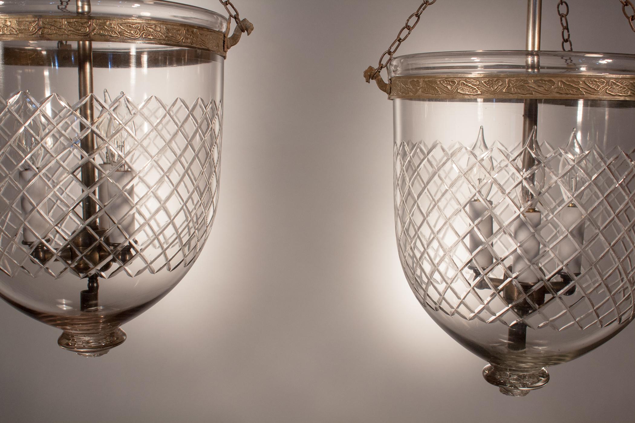 Embossed Pair of 19th Century English Bell Jar Lanterns with Diamond Etching