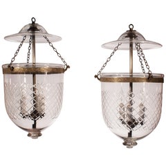 Pair of 19th Century English Bell Jar Lanterns with Diamond Etching