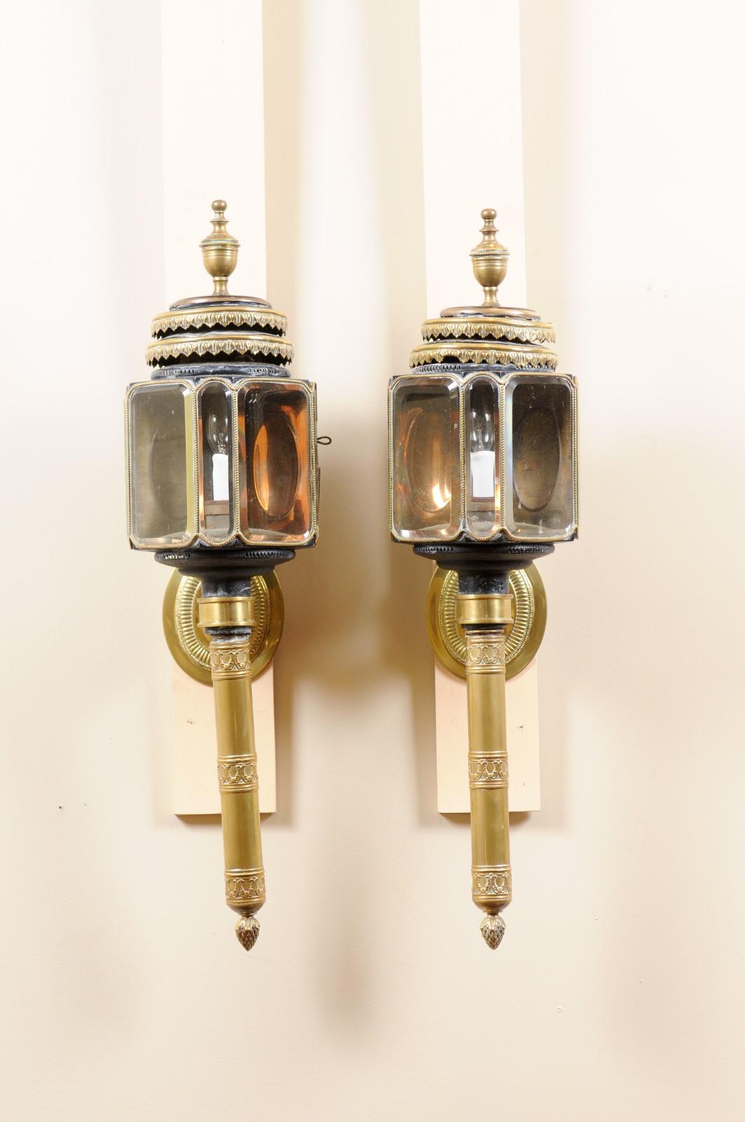 Pair of 19th Century English Black Painted & Brass Coach Lanterns.