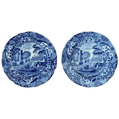 Antique Pair of 19th Century English Blue & White Copeland Spode Round Porcelain Plates