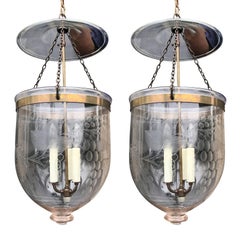 Pair of 19th Century English Brass and Etched Glass Hall Lanterns