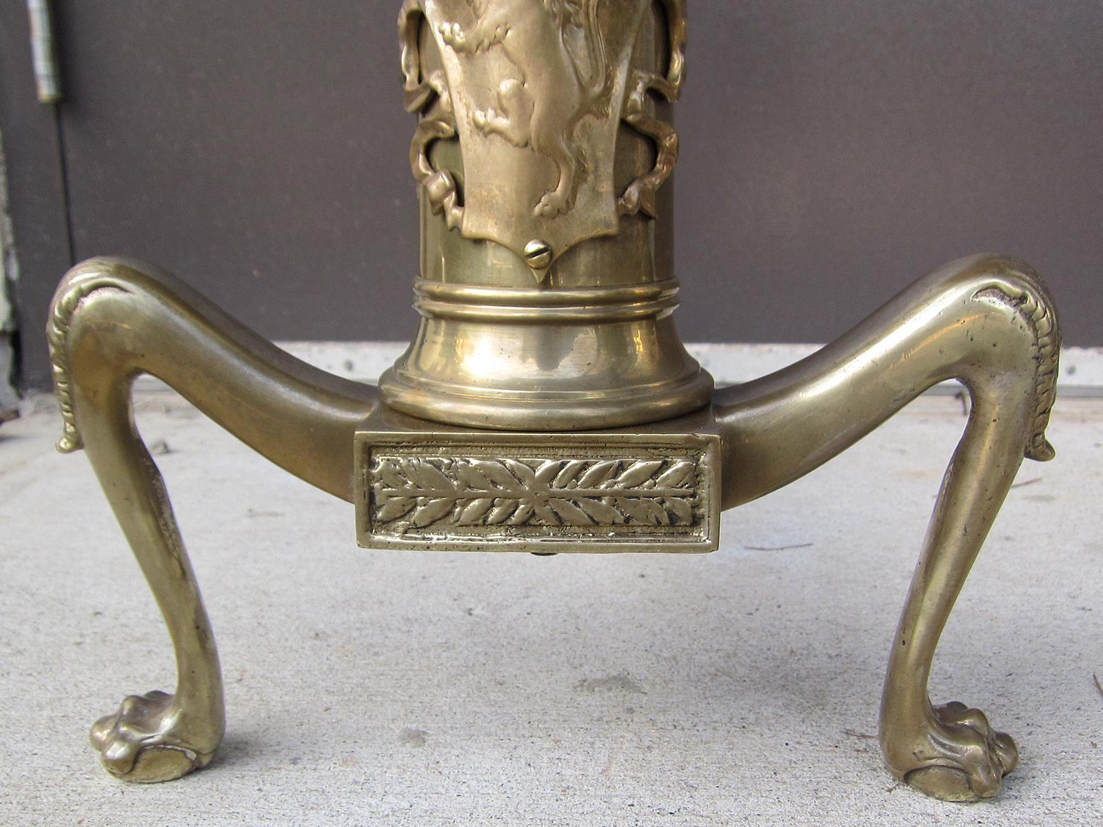 Pair of 19th Century English Brass Andirons with Lions 1