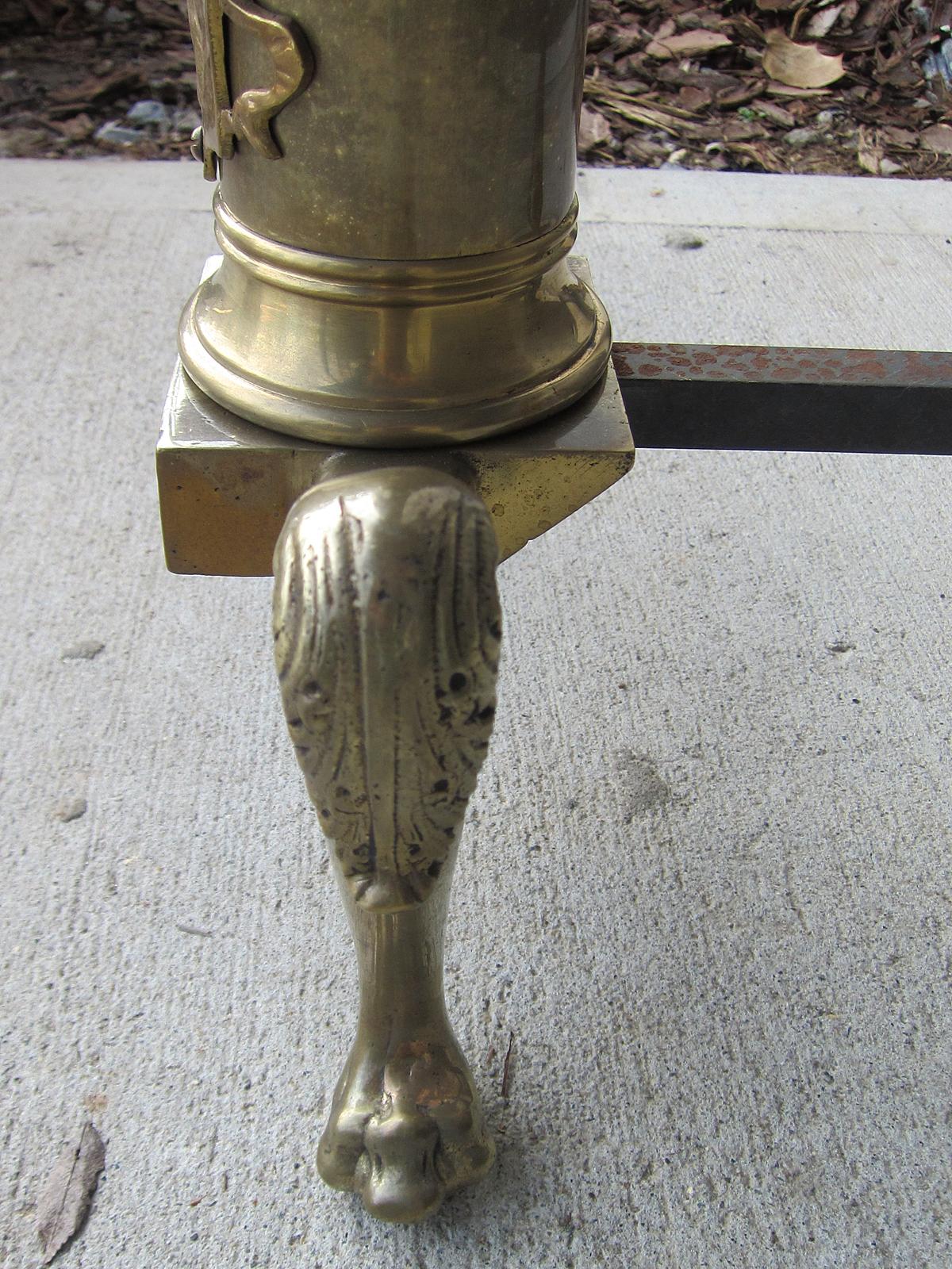 Pair of 19th Century English Brass Andirons with Lions 2