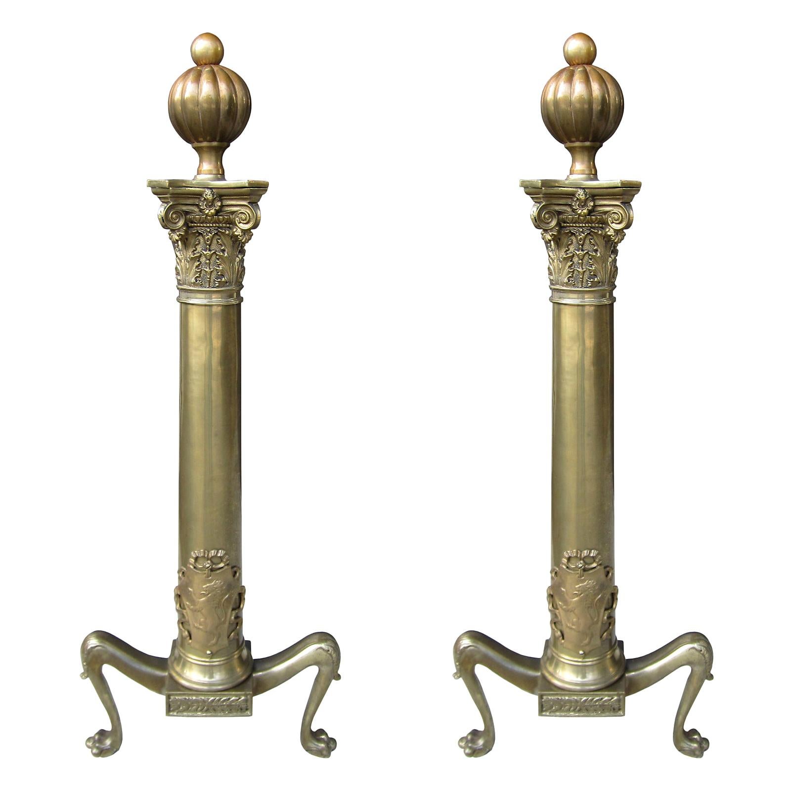 Pair of 19th Century English Brass Andirons with Lions