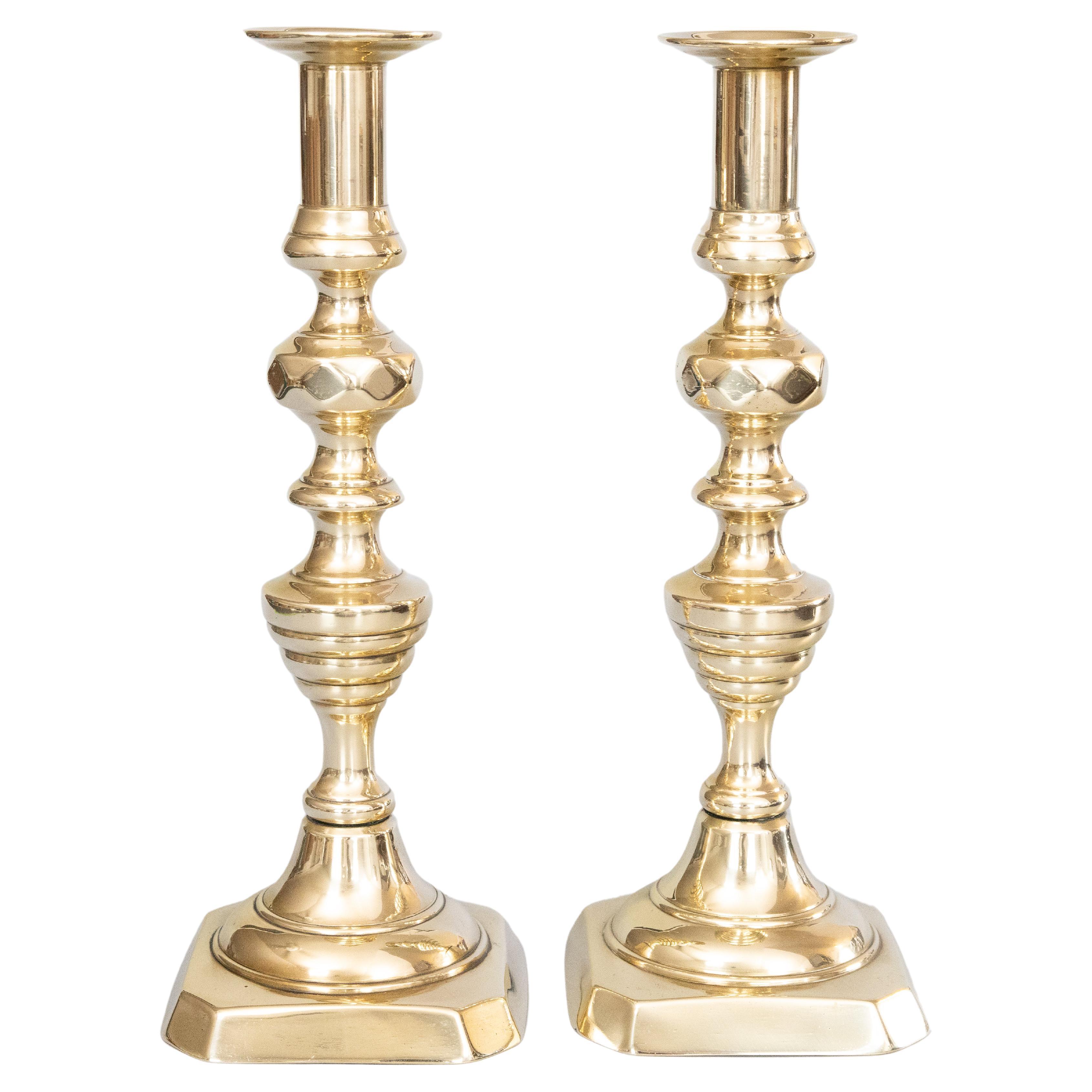 Pair of 19th Century English Brass Beehive Push-Up Candlesticks