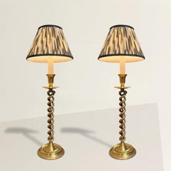 Pair of 19th Century English Brass Double-Helix Barley-Twist Candlestick Lamps