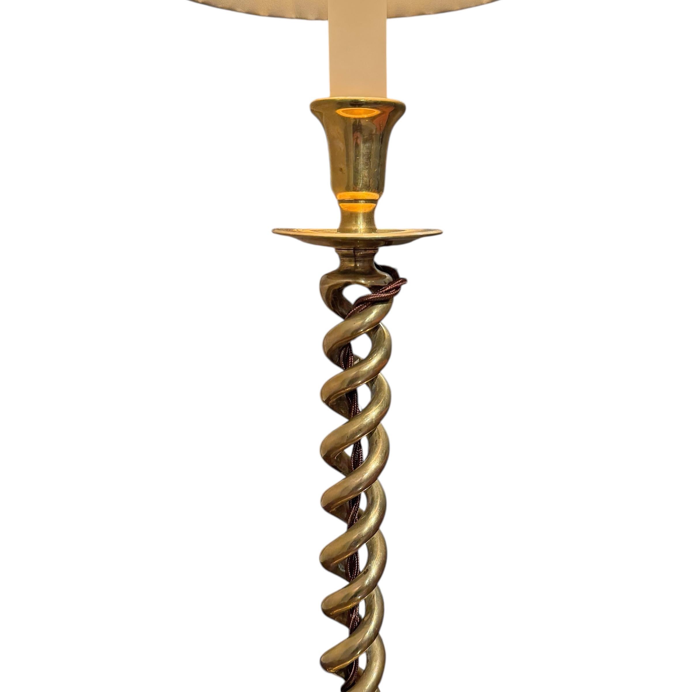 Pair of 19th Century English Brass Double-Helix Barley-Twist Candlestick Lamps 3