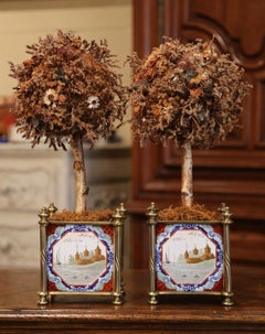 Pair of 19th Century English Brass Jardinières with Hand Painted Porcelain Tiles