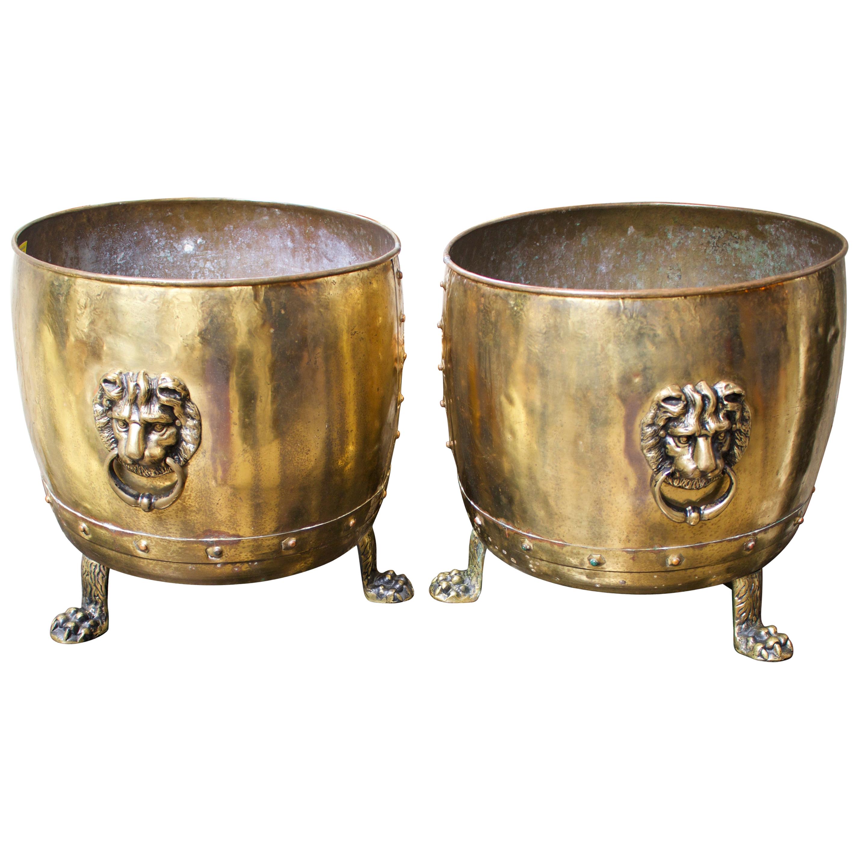 Pair of 19th Century English Brass Planters with Lion Handles