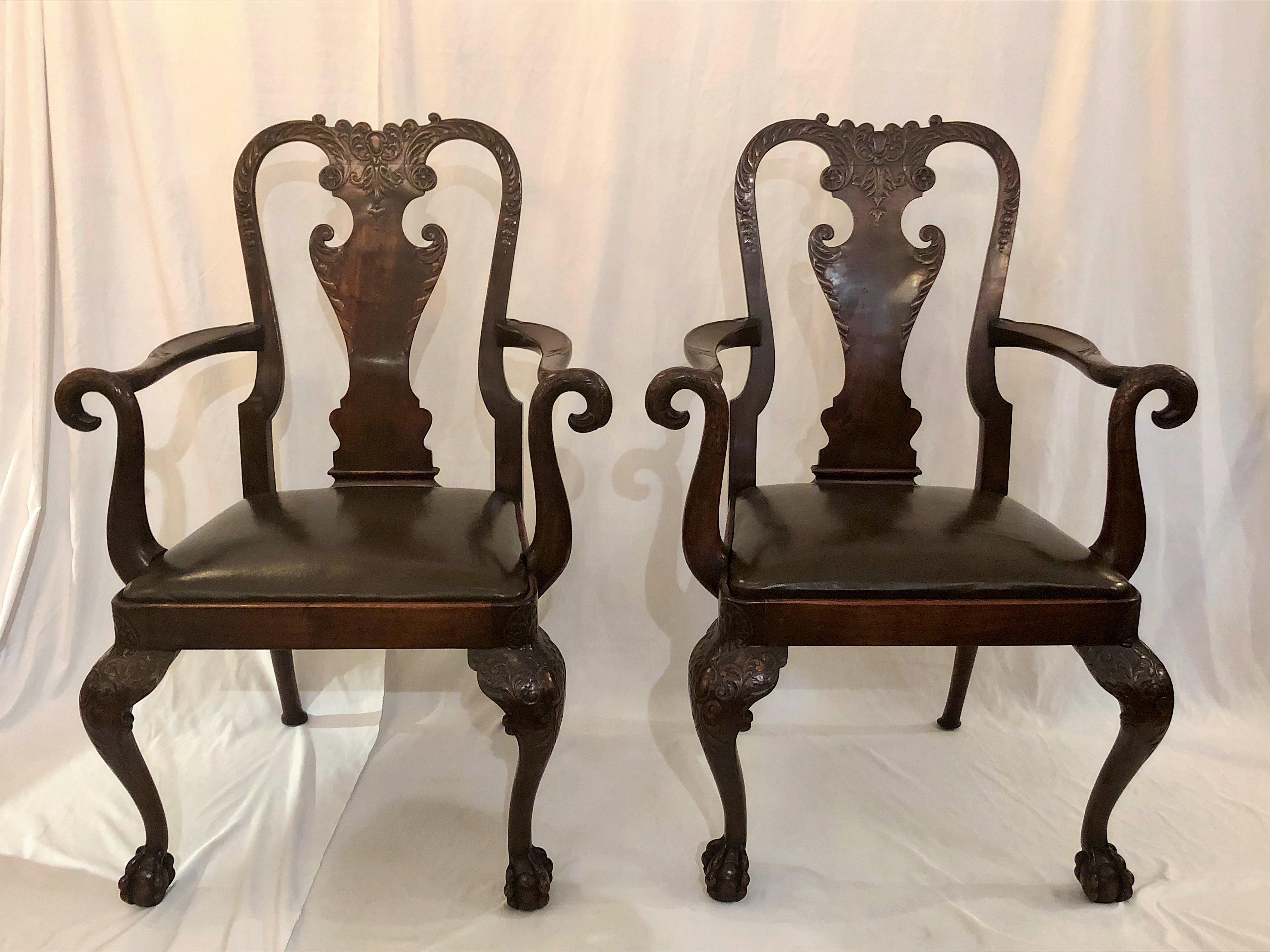 Pair of 19th Century English Carved Mahogany Armchairs For Sale 1