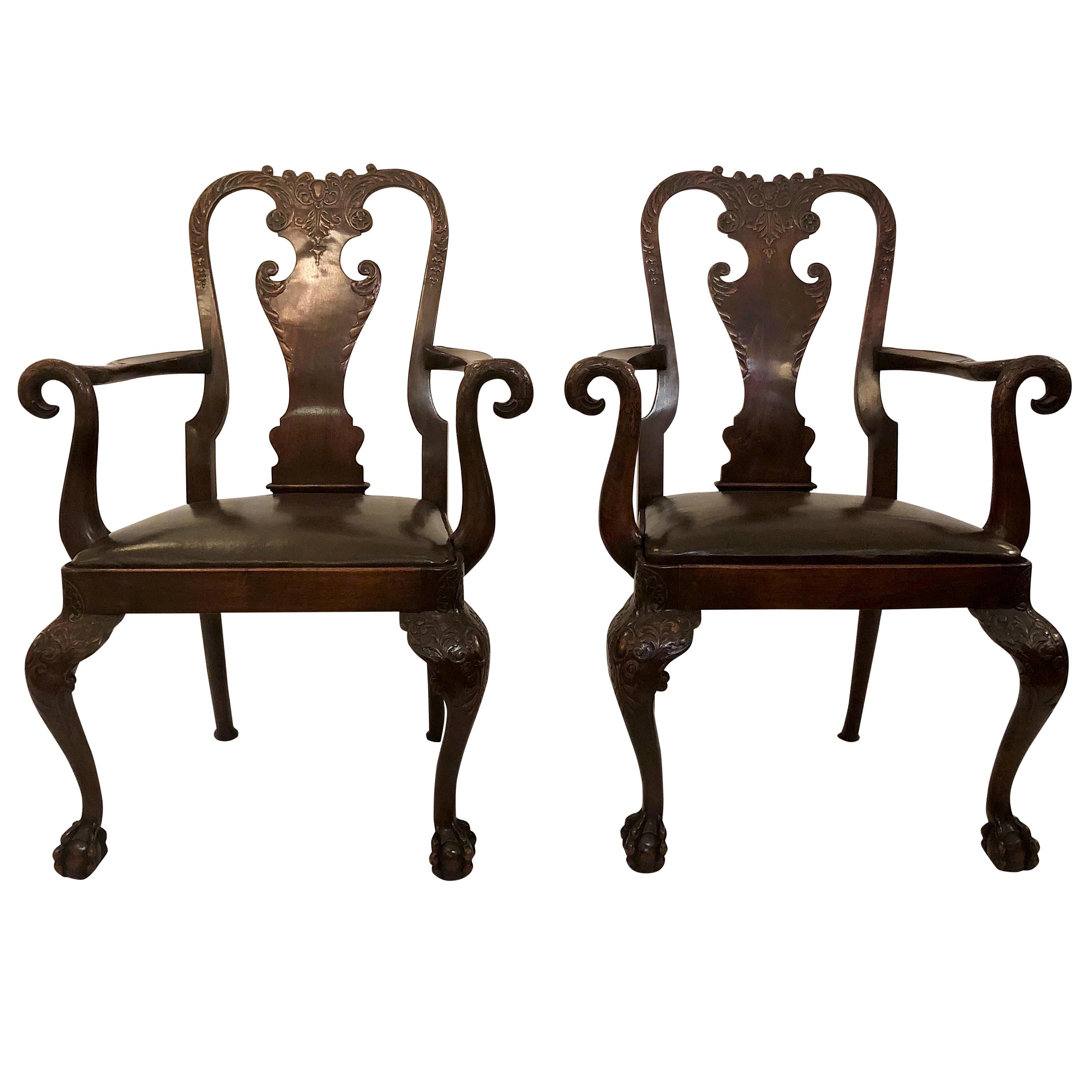 Pair of 19th Century English Carved Mahogany Armchairs For Sale