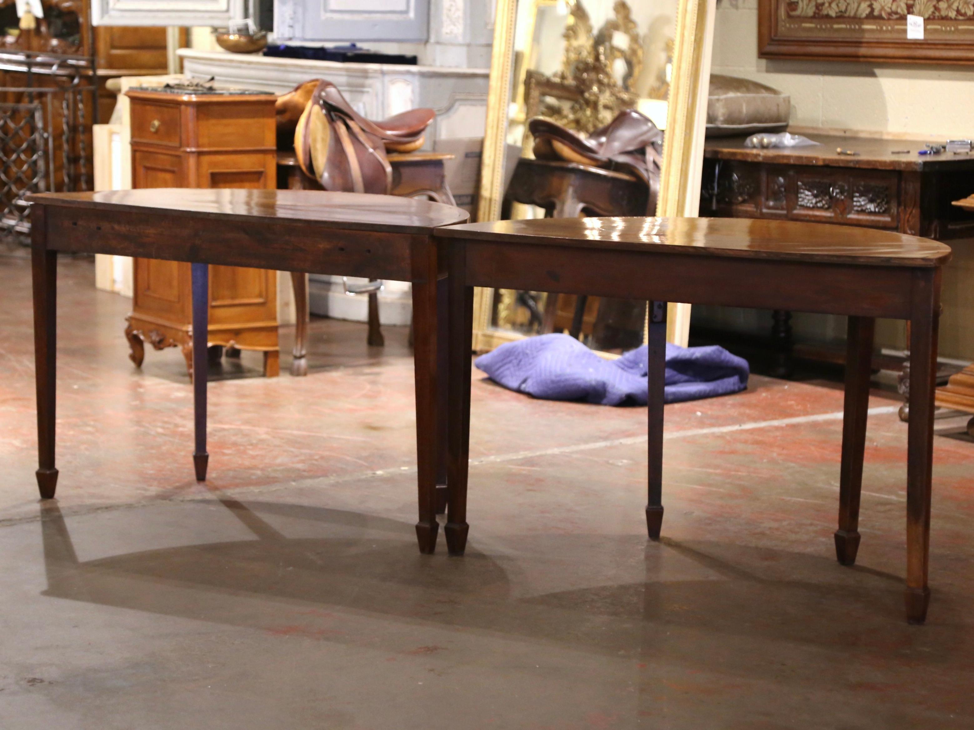 Pair of 19th Century English Carved Mahogany Marquetry Demilune Console Tables For Sale 5