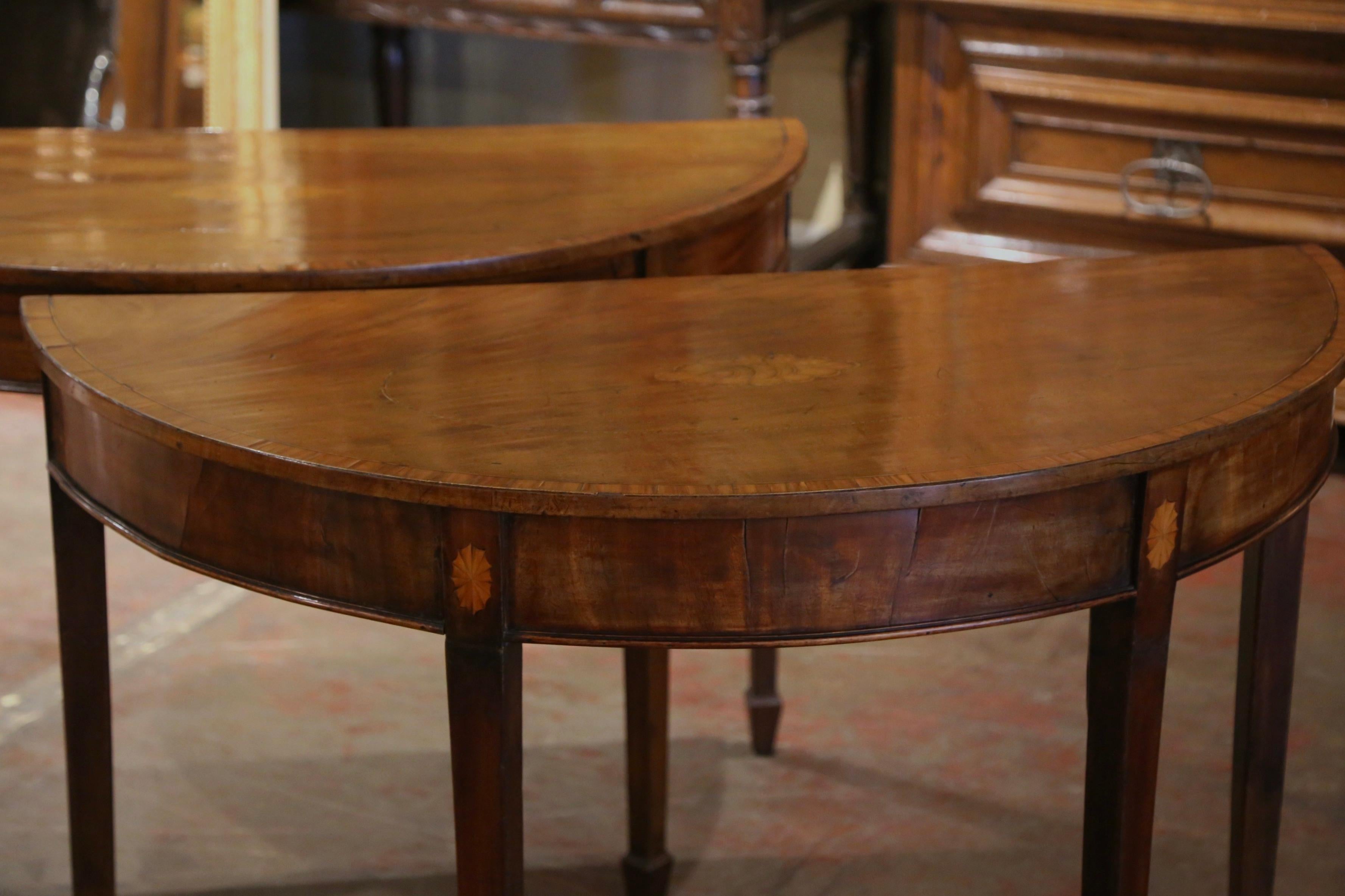 Sheraton Pair of 19th Century English Carved Mahogany Marquetry Demilune Console Tables For Sale