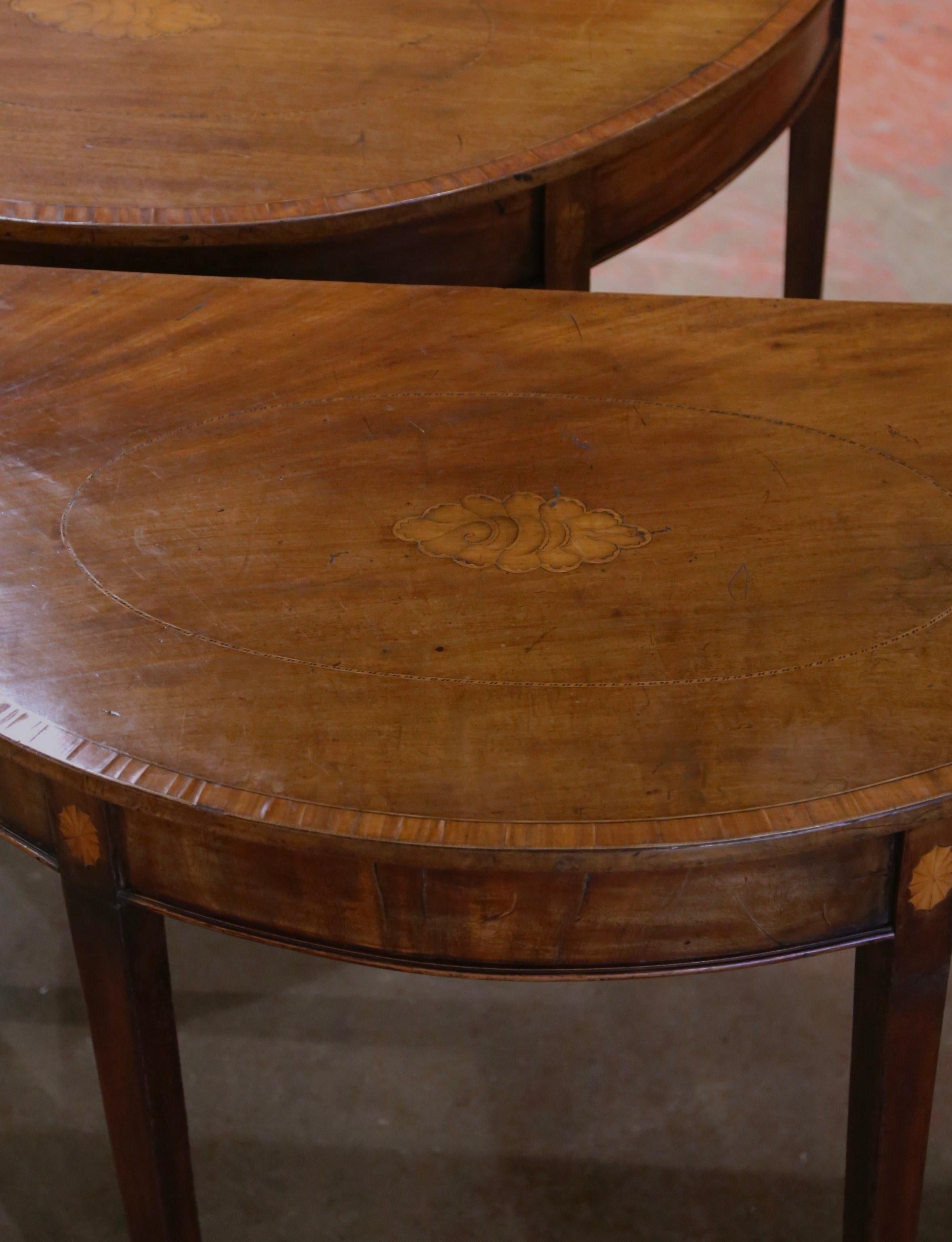 Hand-Carved Pair of 19th Century English Carved Mahogany Marquetry Demilune Console Tables For Sale