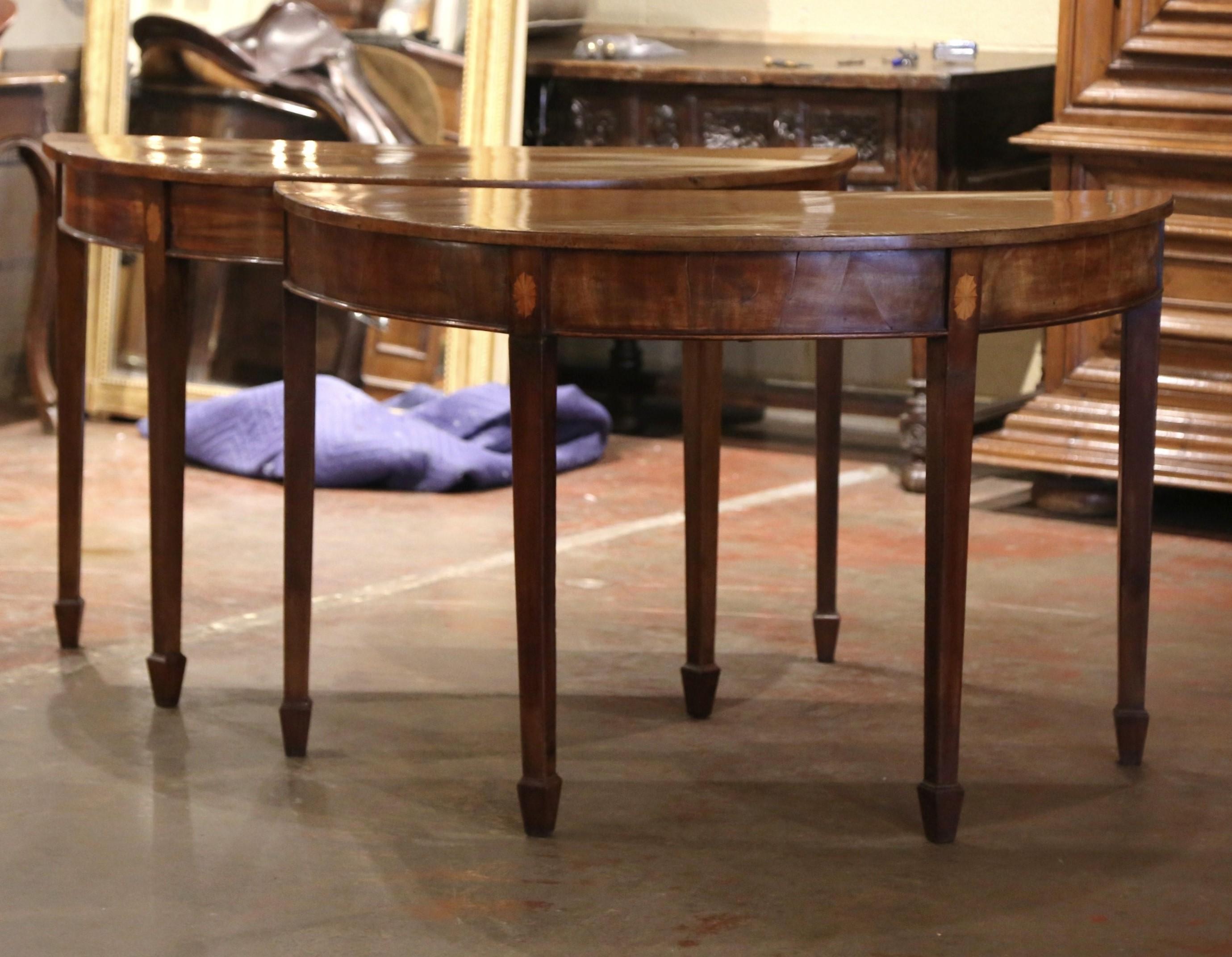 Pair of 19th Century English Carved Mahogany Marquetry Demilune Console Tables In Excellent Condition For Sale In Dallas, TX