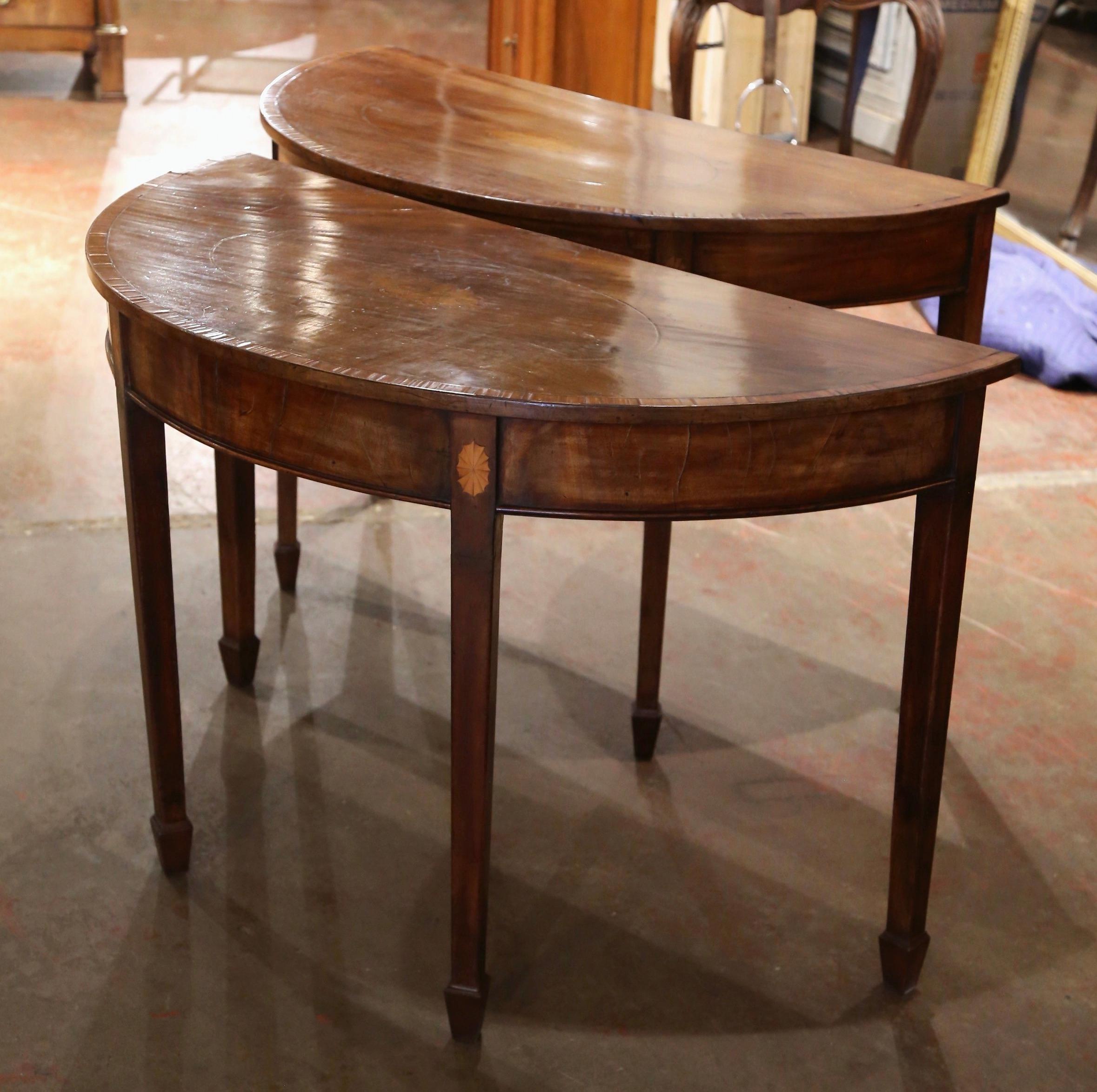 Pair of 19th Century English Carved Mahogany Marquetry Demilune Console Tables For Sale 1