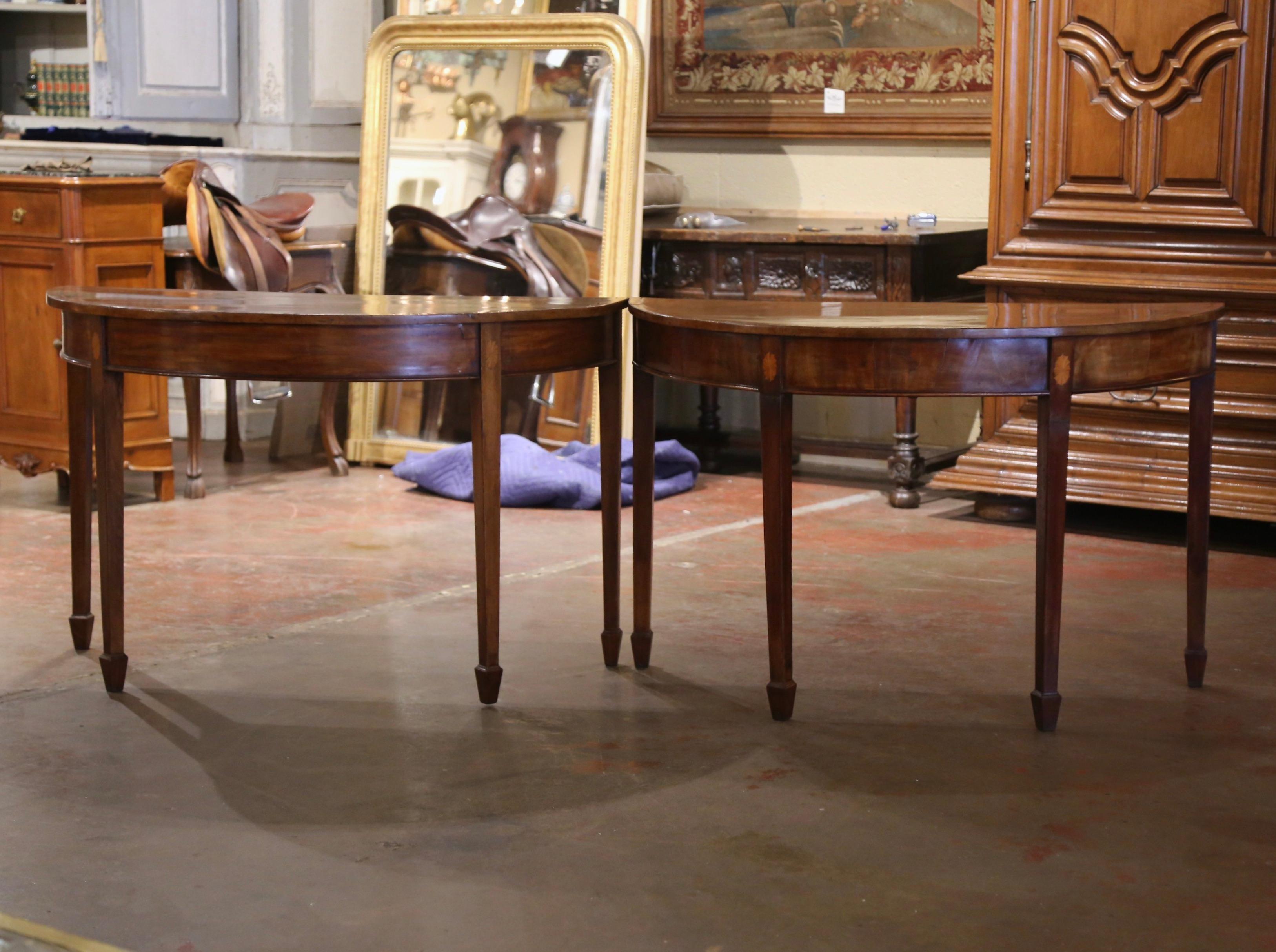 Pair of 19th Century English Carved Mahogany Marquetry Demilune Console Tables For Sale 2