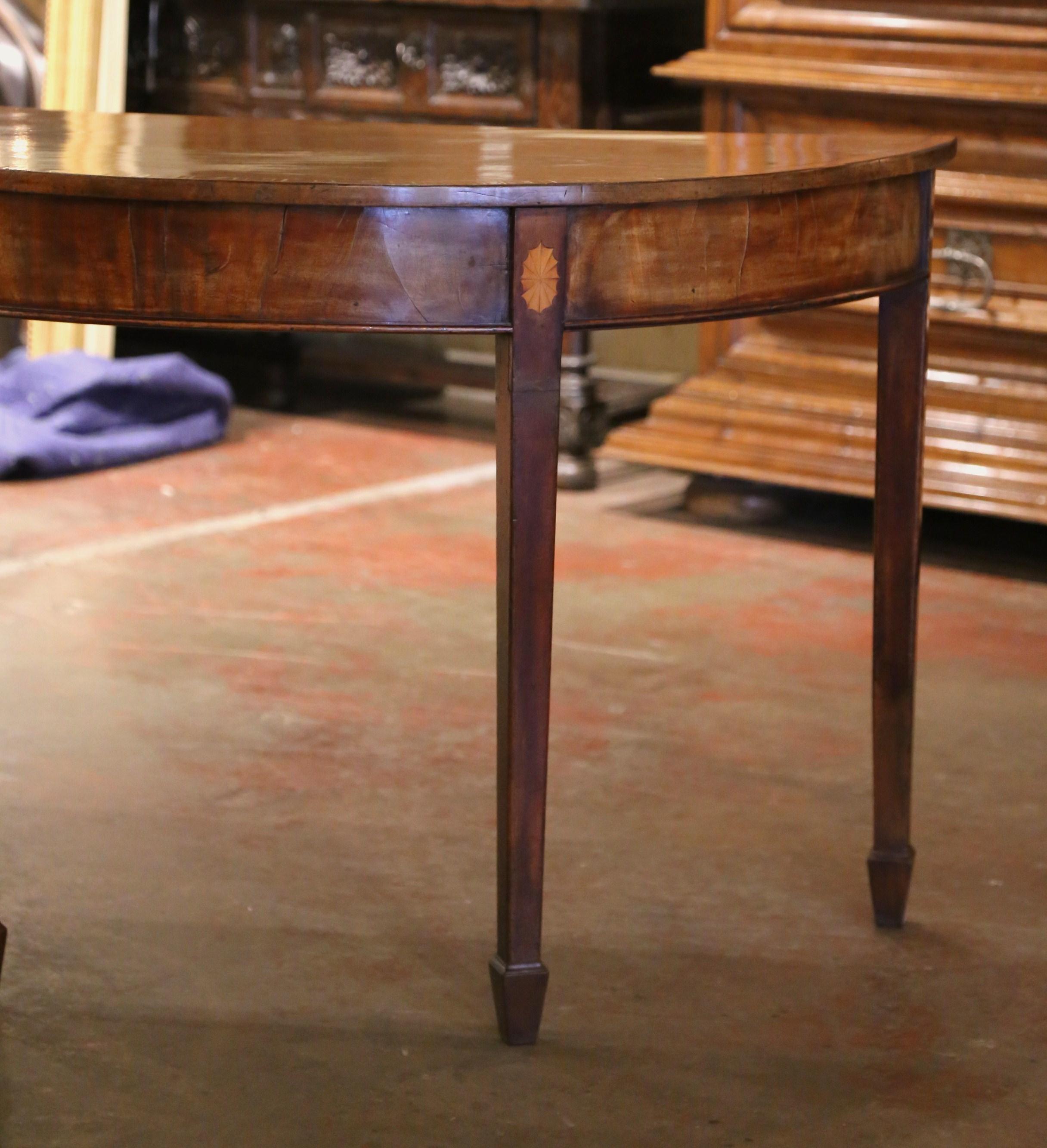 Pair of 19th Century English Carved Mahogany Marquetry Demilune Console Tables For Sale 3
