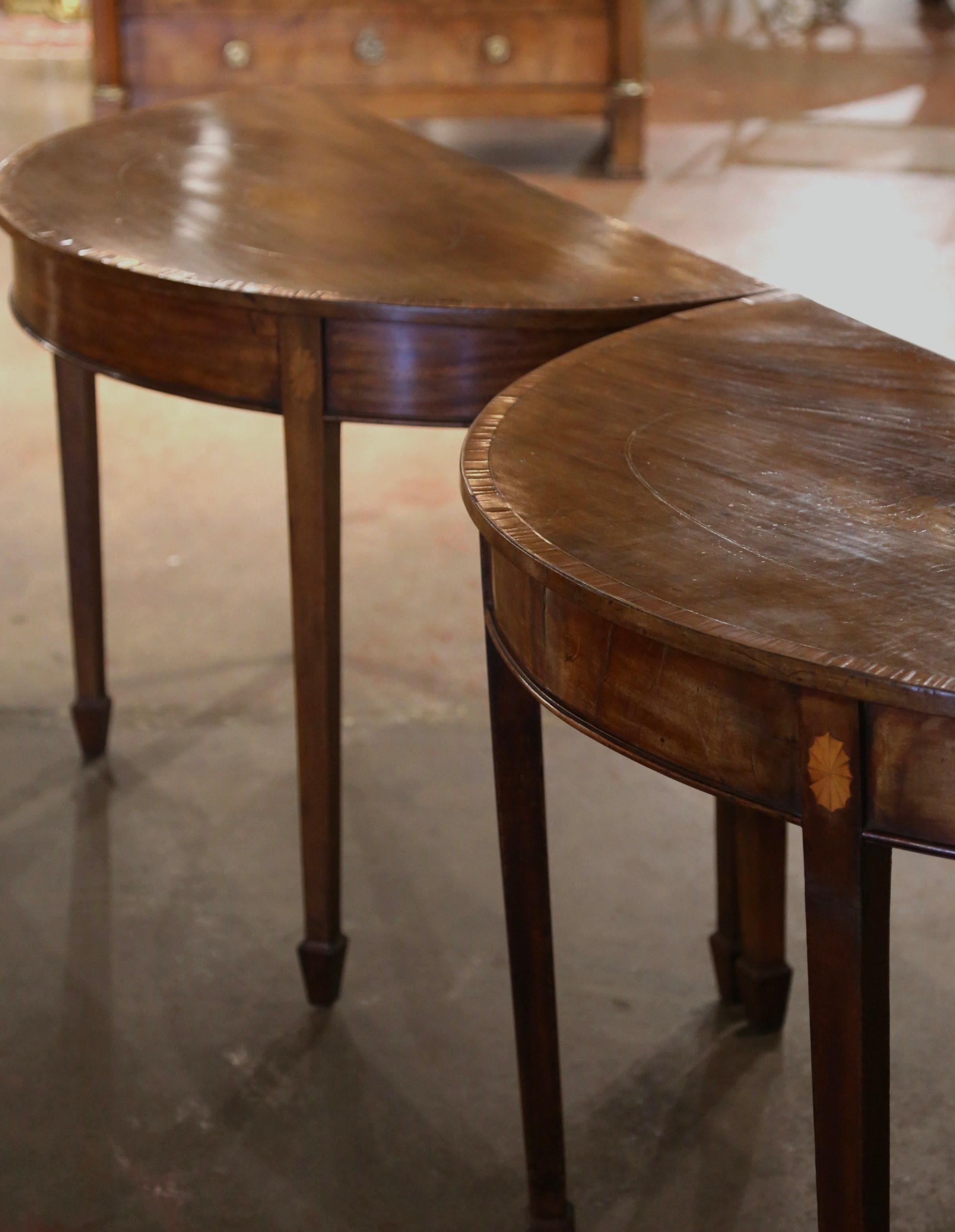 Pair of 19th Century English Carved Mahogany Marquetry Demilune Console Tables For Sale 4