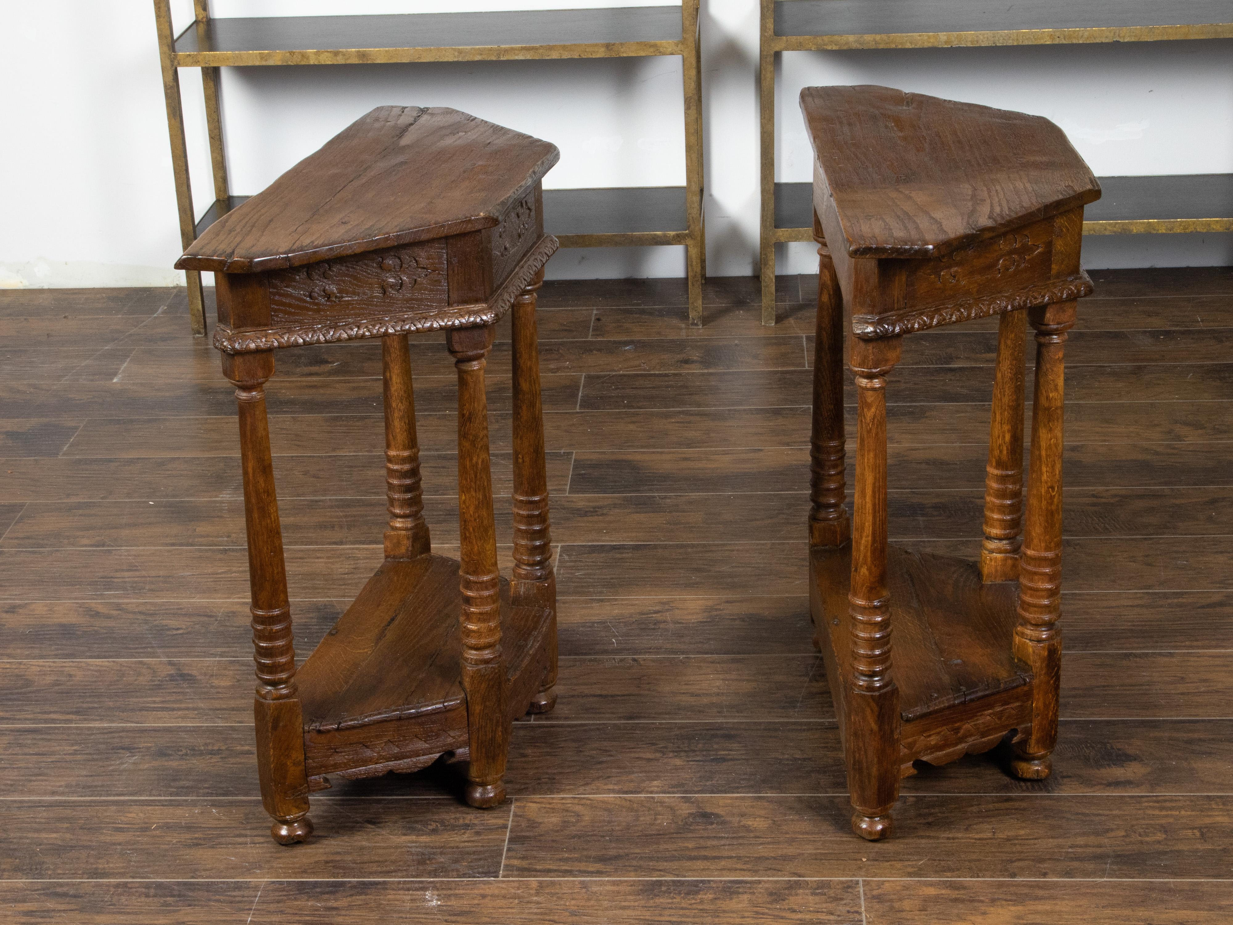 Pair of 19th Century English Carved Oak Demilune Tables with Column Legs In Good Condition For Sale In Atlanta, GA